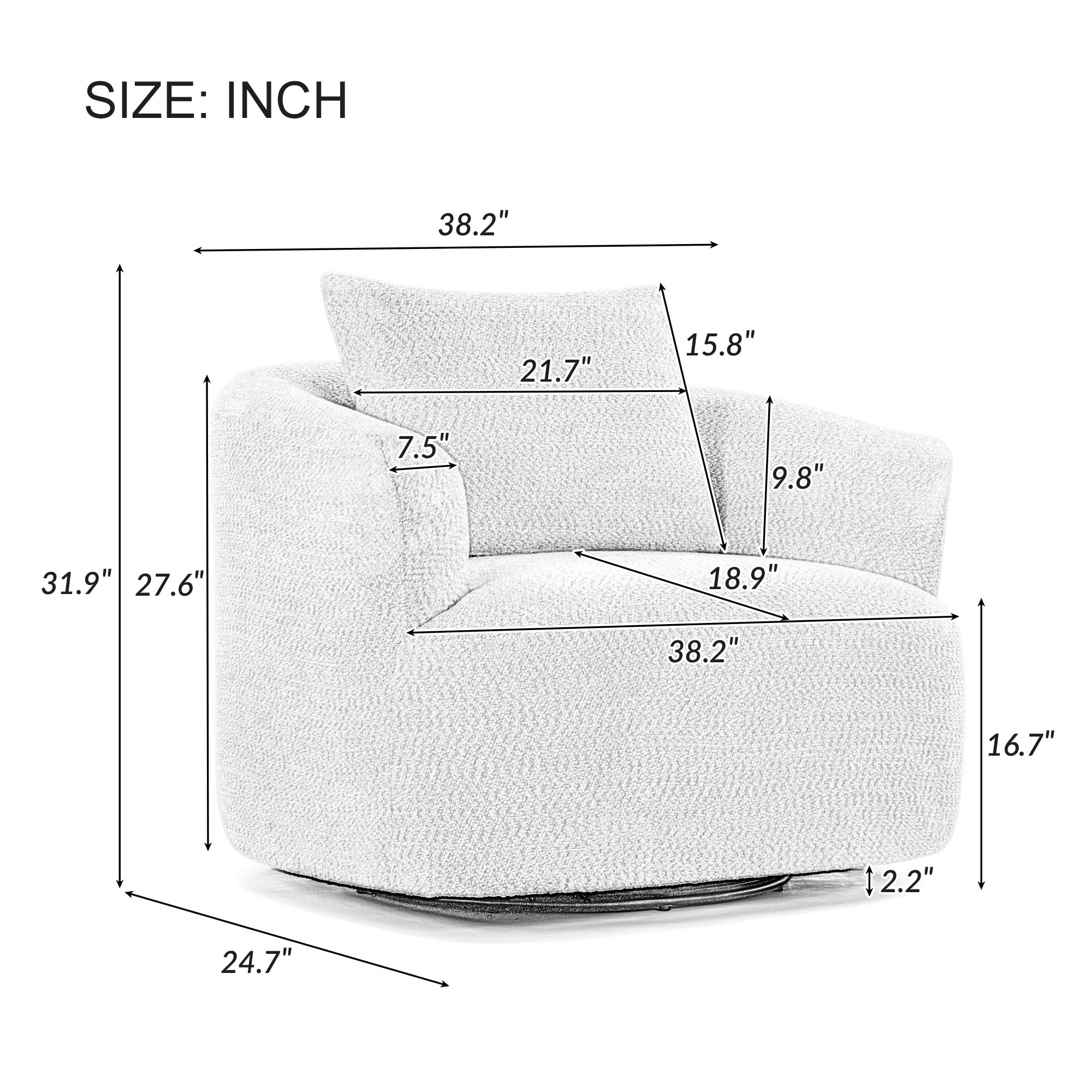 Fauteuil pivotant à 360°, fauteuil d'appoint en boucle de 38,2" avec coussin décoratif, fauteuil rembourré en forme de tonneau avec accoudoirs incurvés