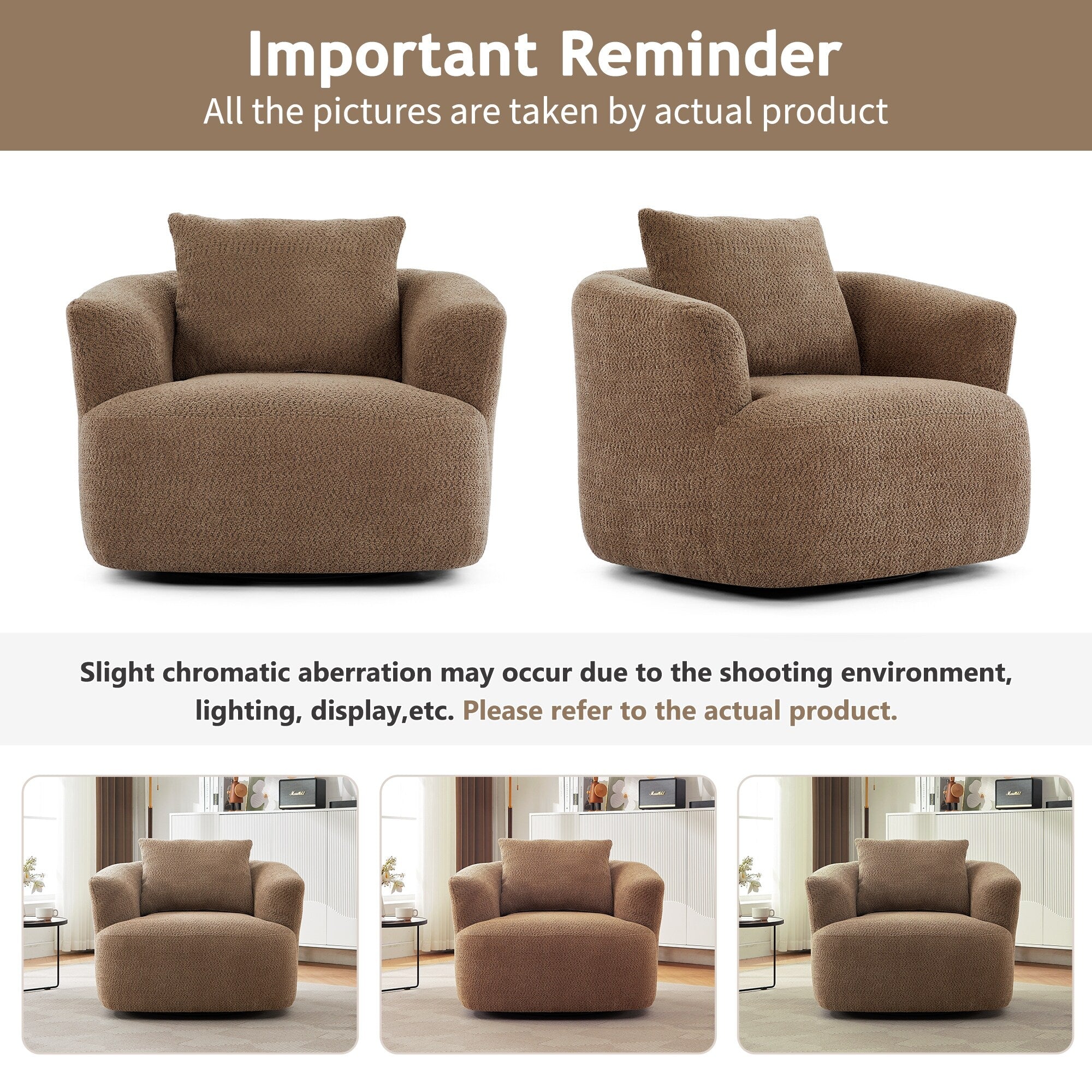 Fauteuil pivotant à 360°, fauteuil d'appoint en boucle de 38,2" avec coussin décoratif, fauteuil rembourré en forme de tonneau avec accoudoirs incurvés