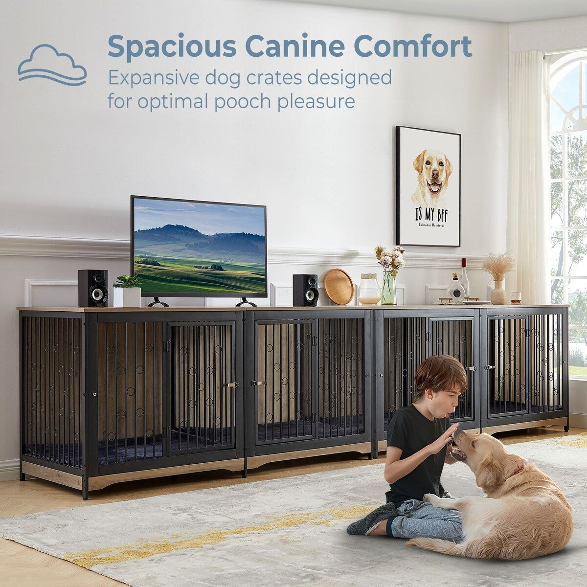 Meuble pour cage à chien de 70,86 pouces, meuble TV pour grandes races avec coussin et chambres doubles (sans coussin)