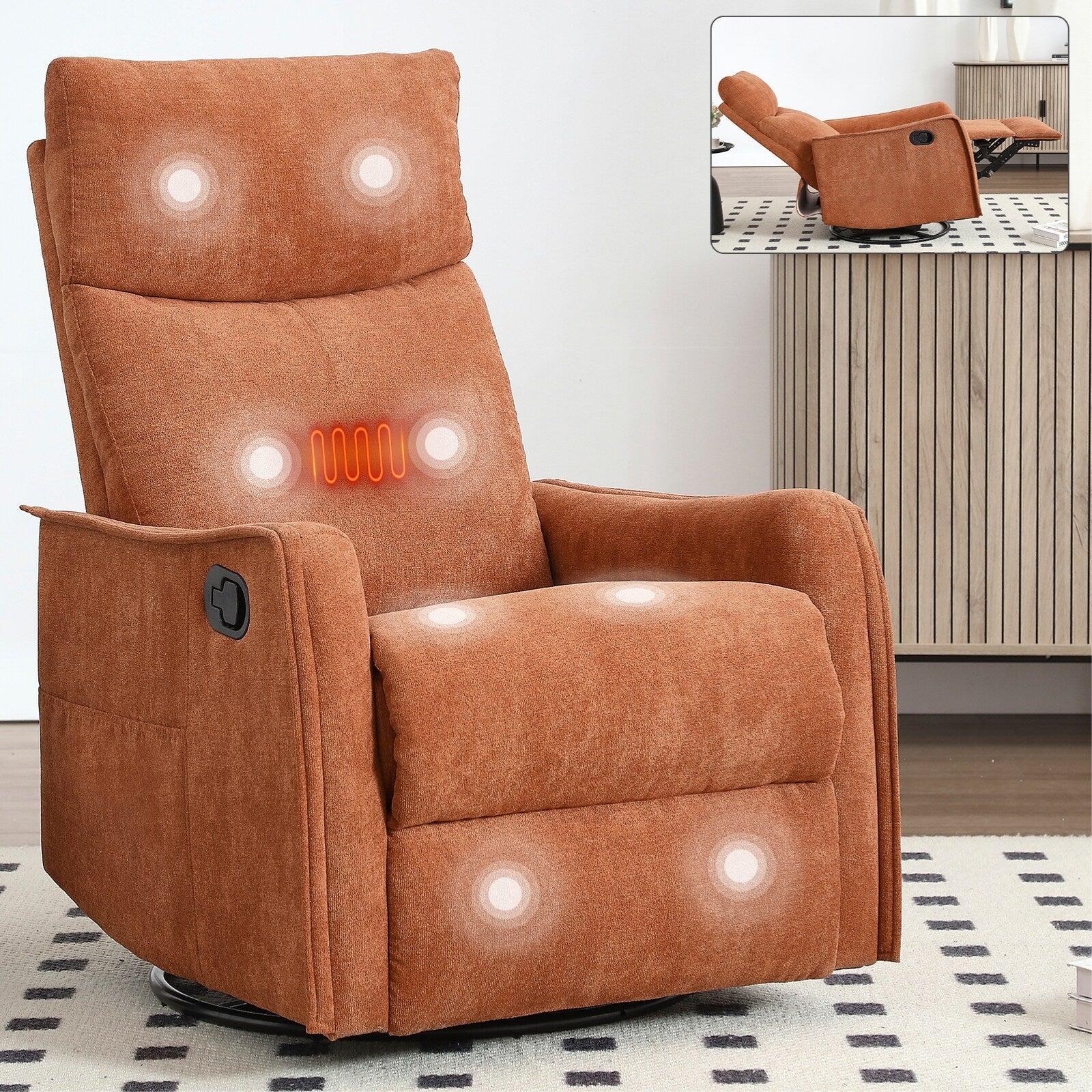 Fauteuil inclinable manuel à 8 points de massage, fauteuil à bascule pivotant en tissu, fauteuil simple avec bascule et chauffage lombaire