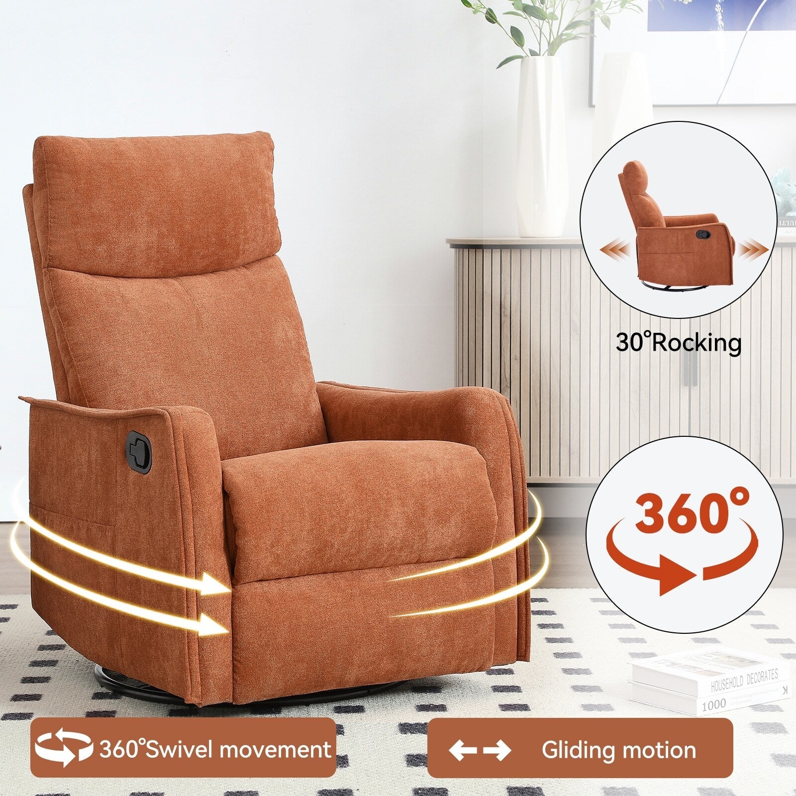 Fauteuil inclinable manuel à 8 points de massage, fauteuil à bascule pivotant en tissu, fauteuil simple avec bascule et chauffage lombaire