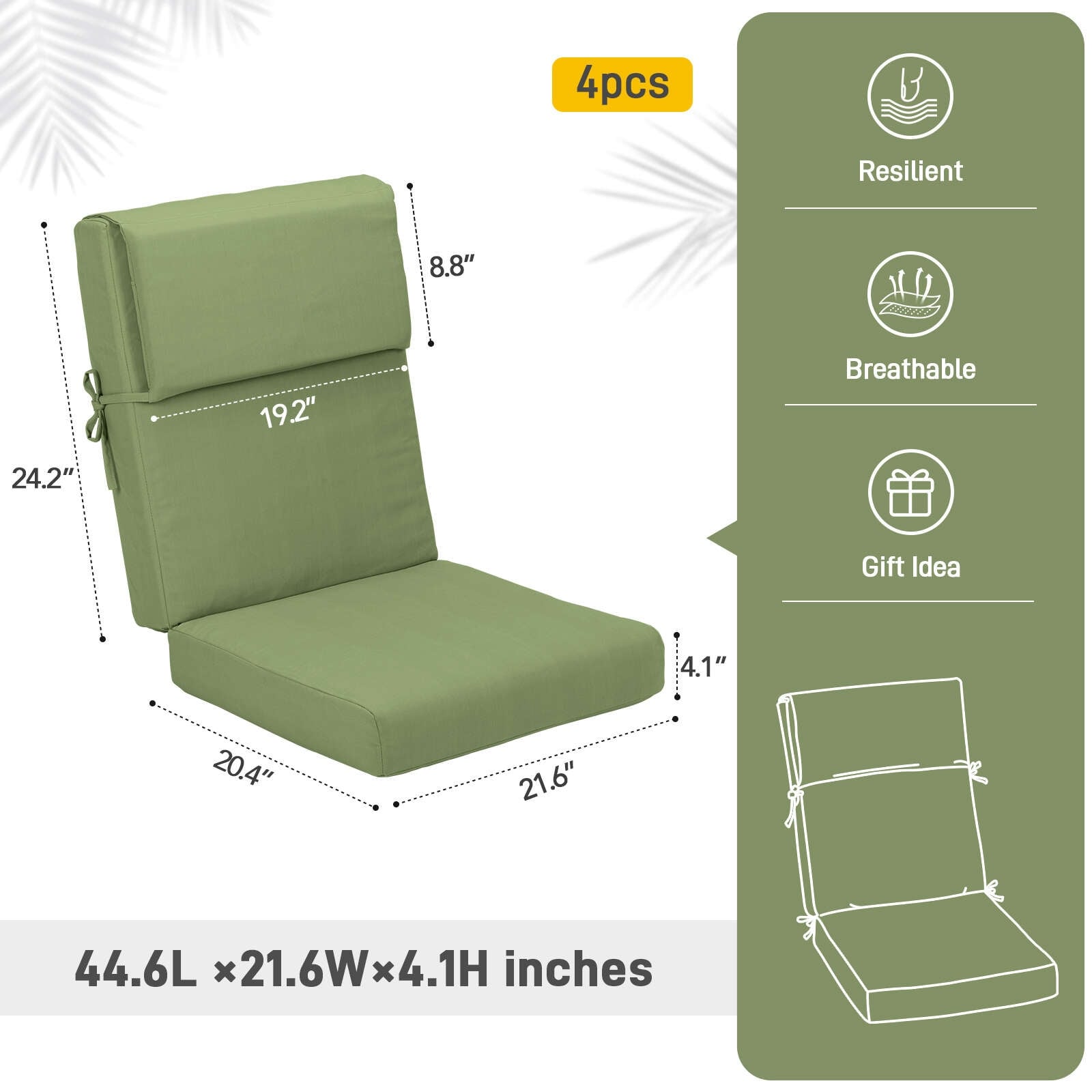 Lot de 4 coussins de chaise à dossier haut Aoodor Patio, 46 x 21 x 4 pouces (coussins uniquement)