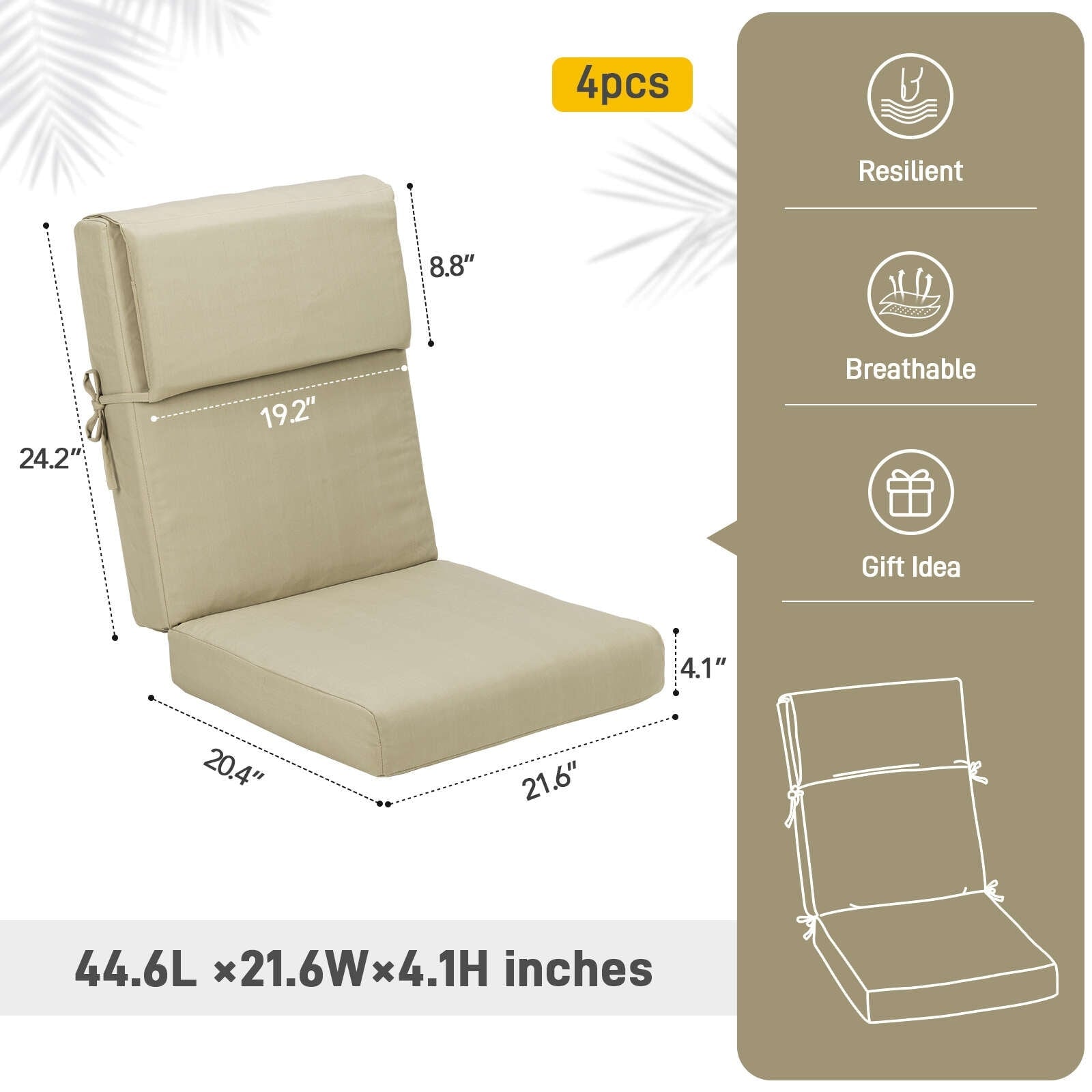 Lot de 4 coussins de chaise à dossier haut Aoodor Patio, 46 x 21 x 4 pouces (coussins uniquement)
