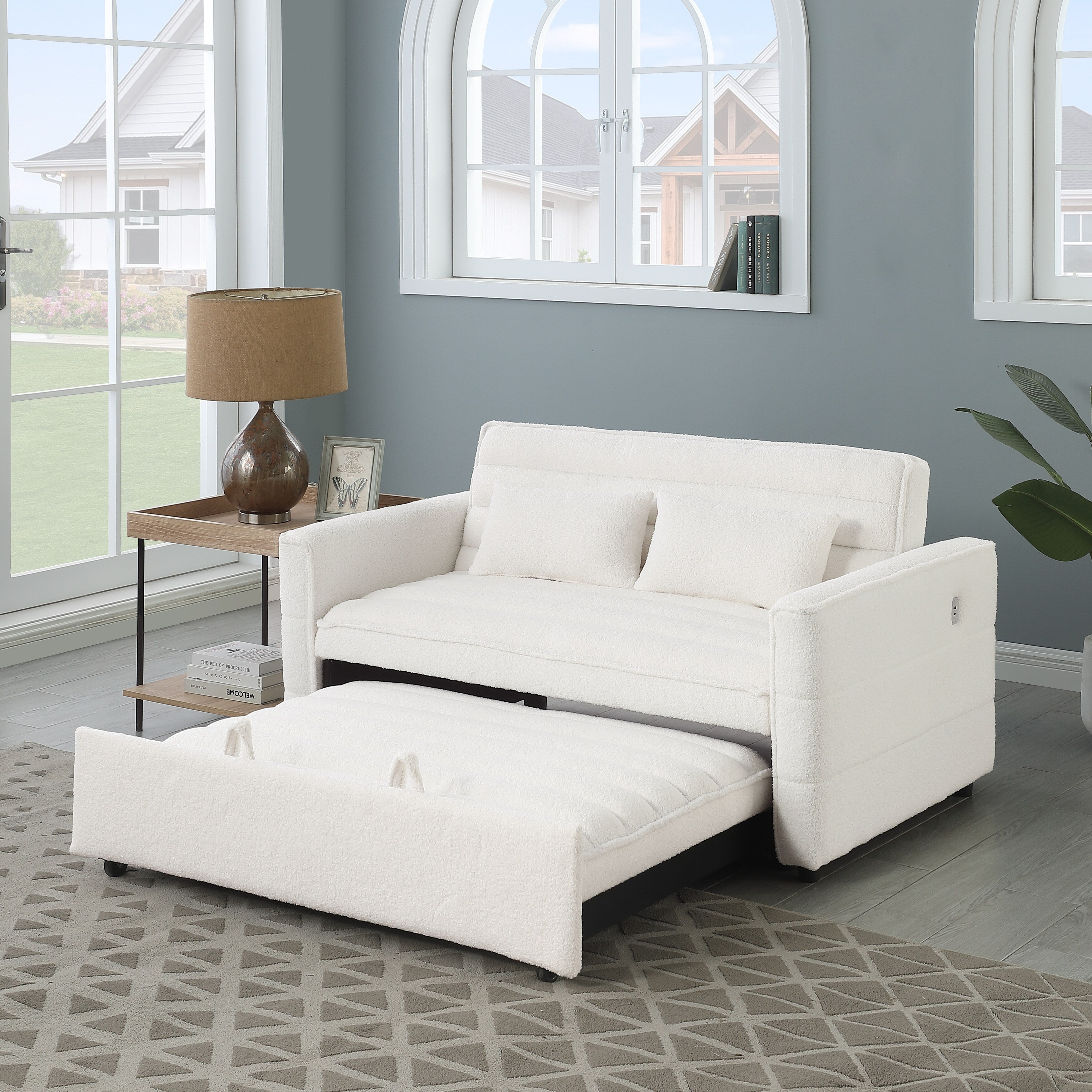 Canapé-lit convertible Boucle beige 55,12 pouces avec dossier réglable et 2 coussins de taille pour le salon