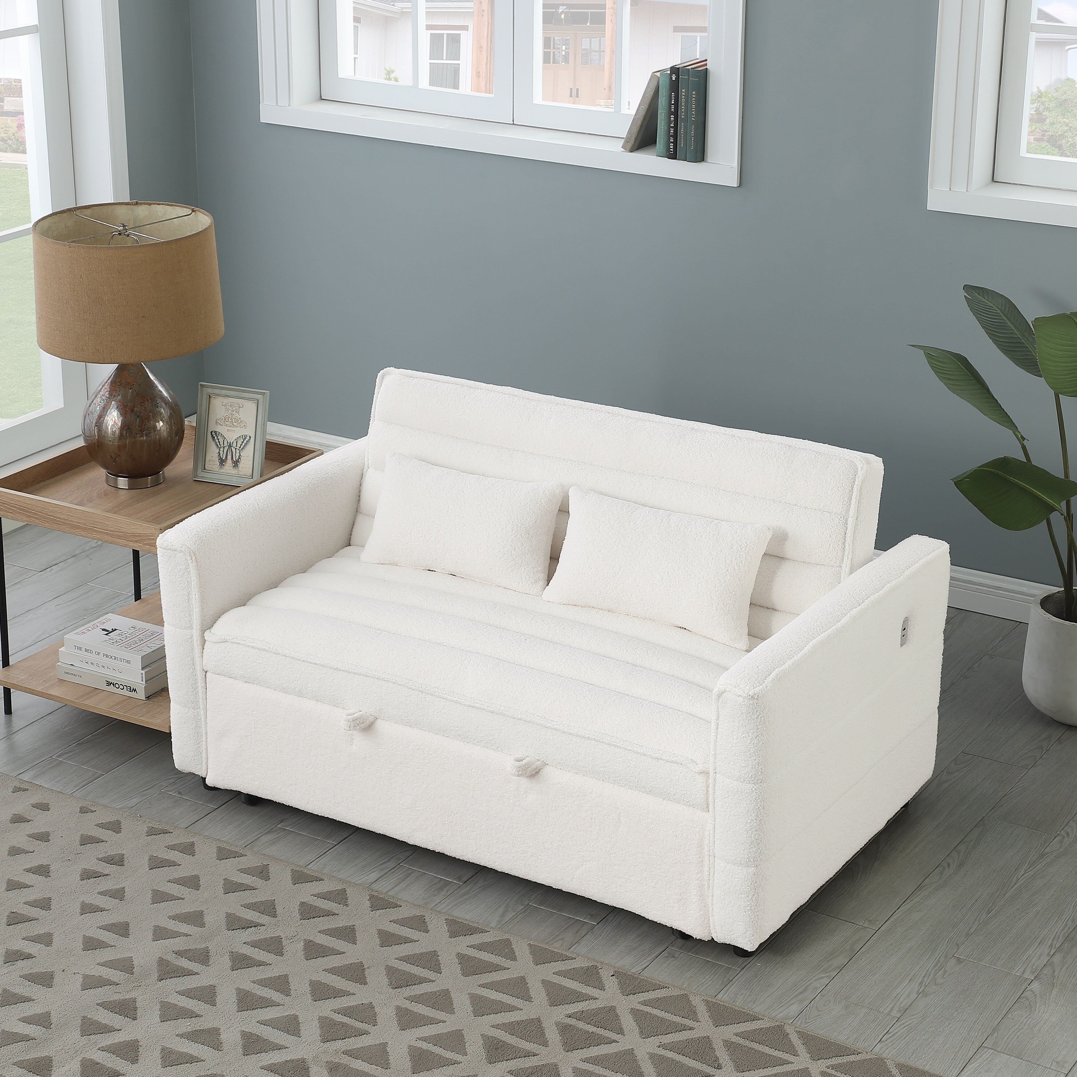 Canapé-lit convertible Boucle beige 55,12 pouces avec dossier réglable et 2 coussins de taille pour le salon