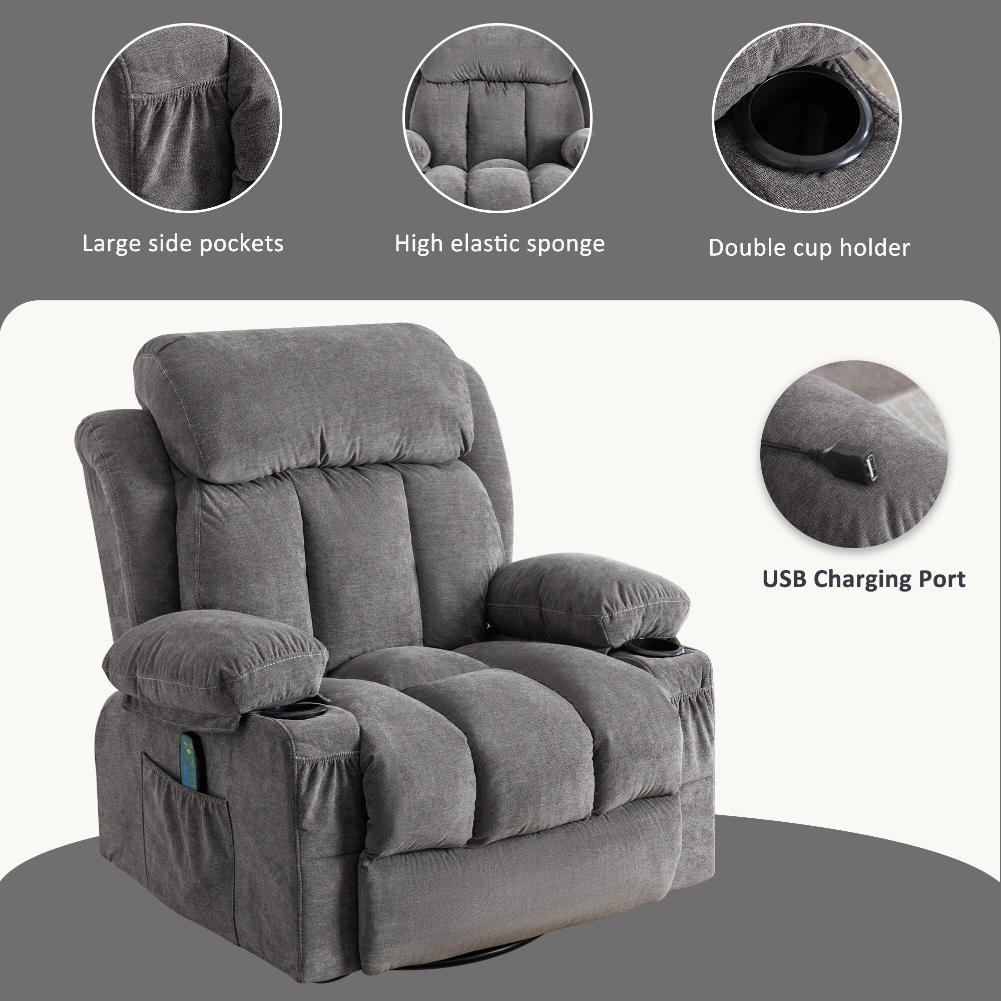 Fauteuil inclinable pivotant beige avec massage, chauffage et chargement USB