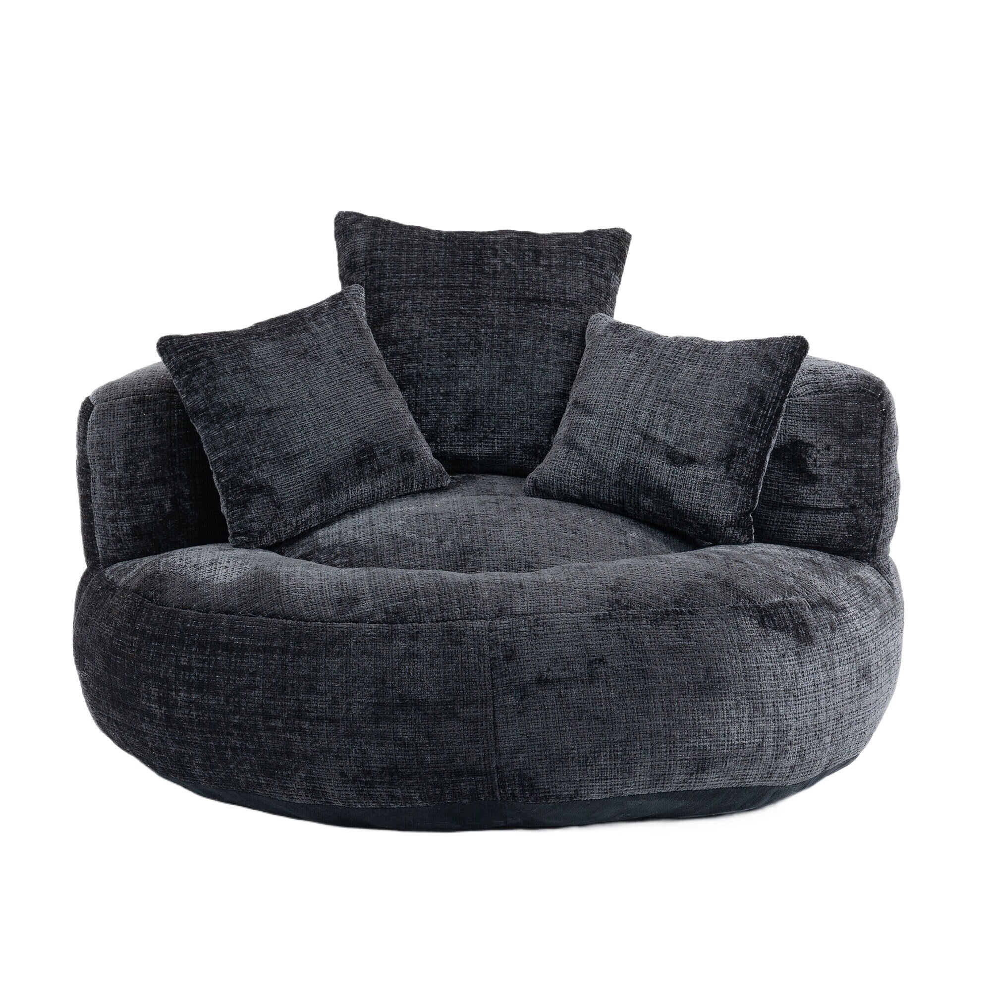 Pouf simple surdimensionné en chenille noir de 42,52 pouces avec trois oreillers pour chambre à coucher