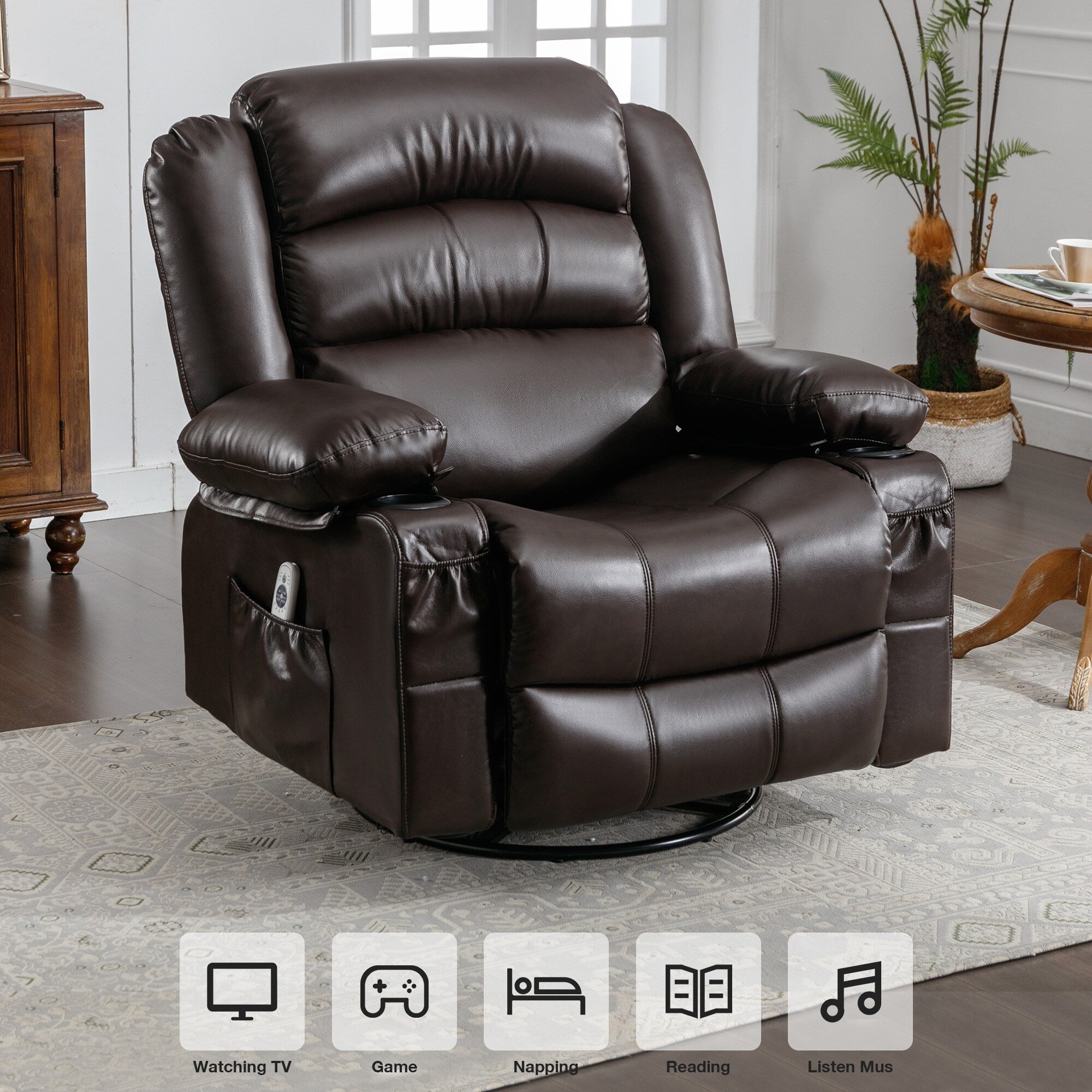 Fauteuil inclinable pivotant noir avec chauffage, massage et ports USB