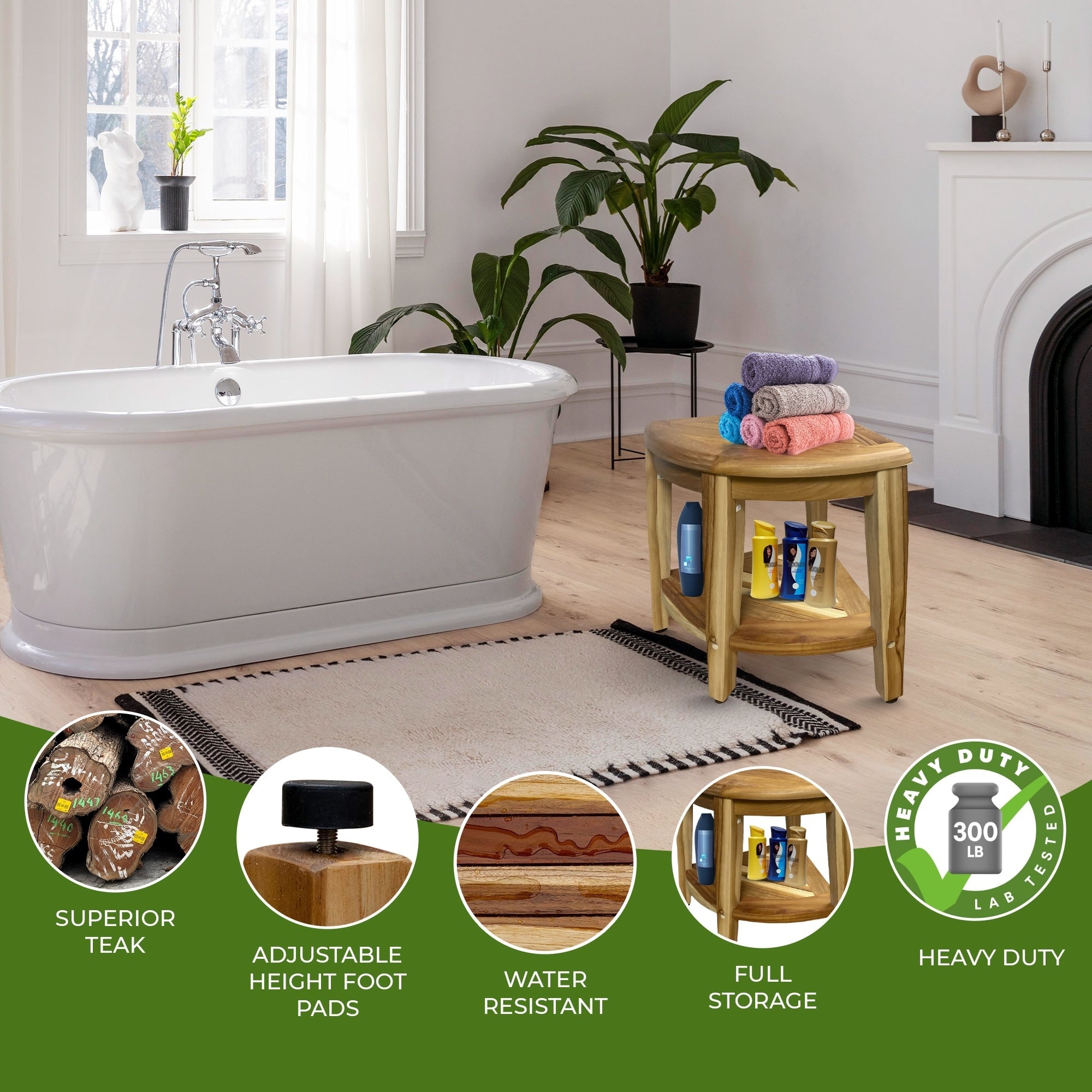 EcoDecors, Banc de douche élégant en teck, Tabouret de douche en teck, Tabouret de douche d'angle, Banc de douche d'angle en teck, Avec étagère