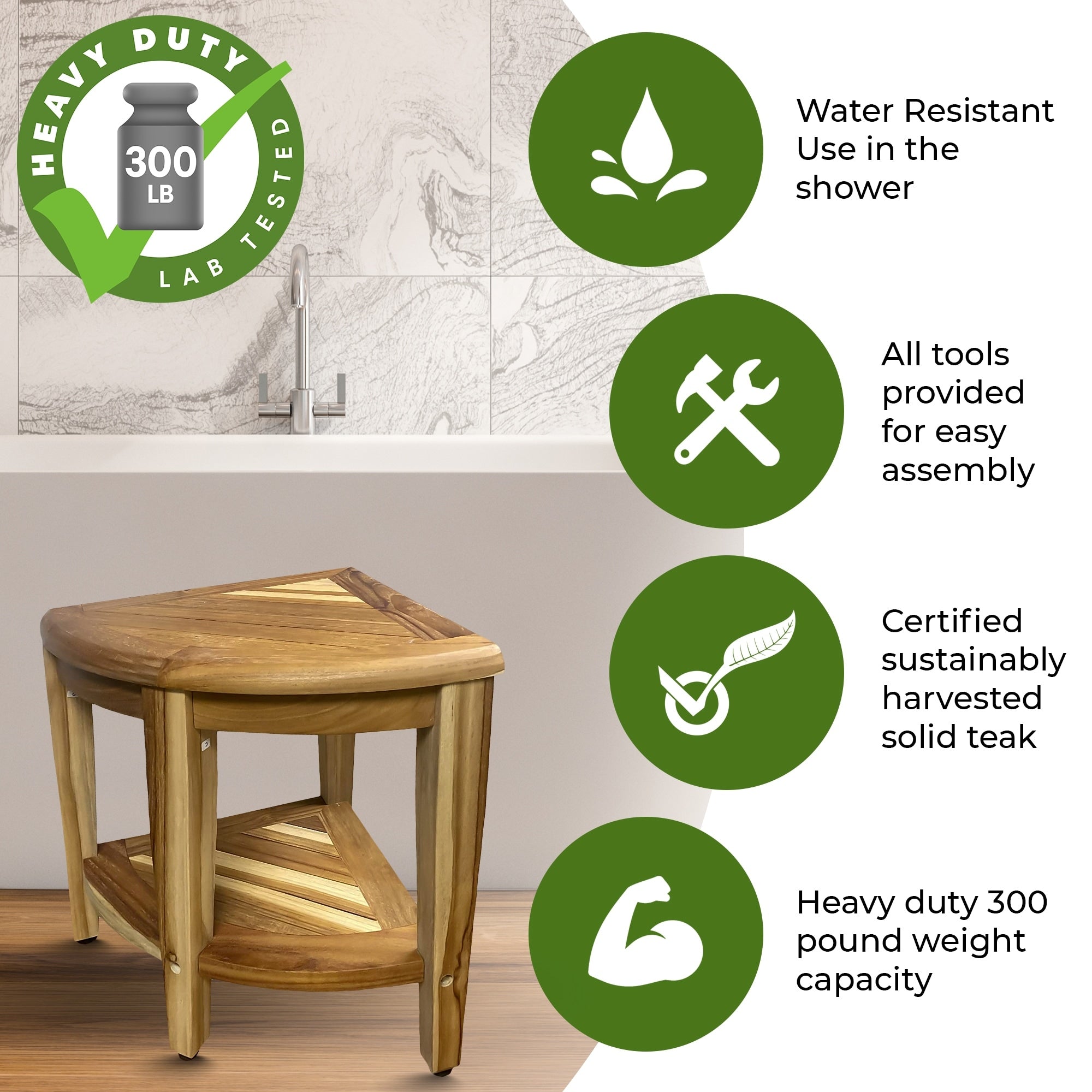 EcoDecors, Banc de douche élégant en teck, Tabouret de douche en teck, Tabouret de douche d'angle, Banc de douche d'angle en teck, Avec étagère