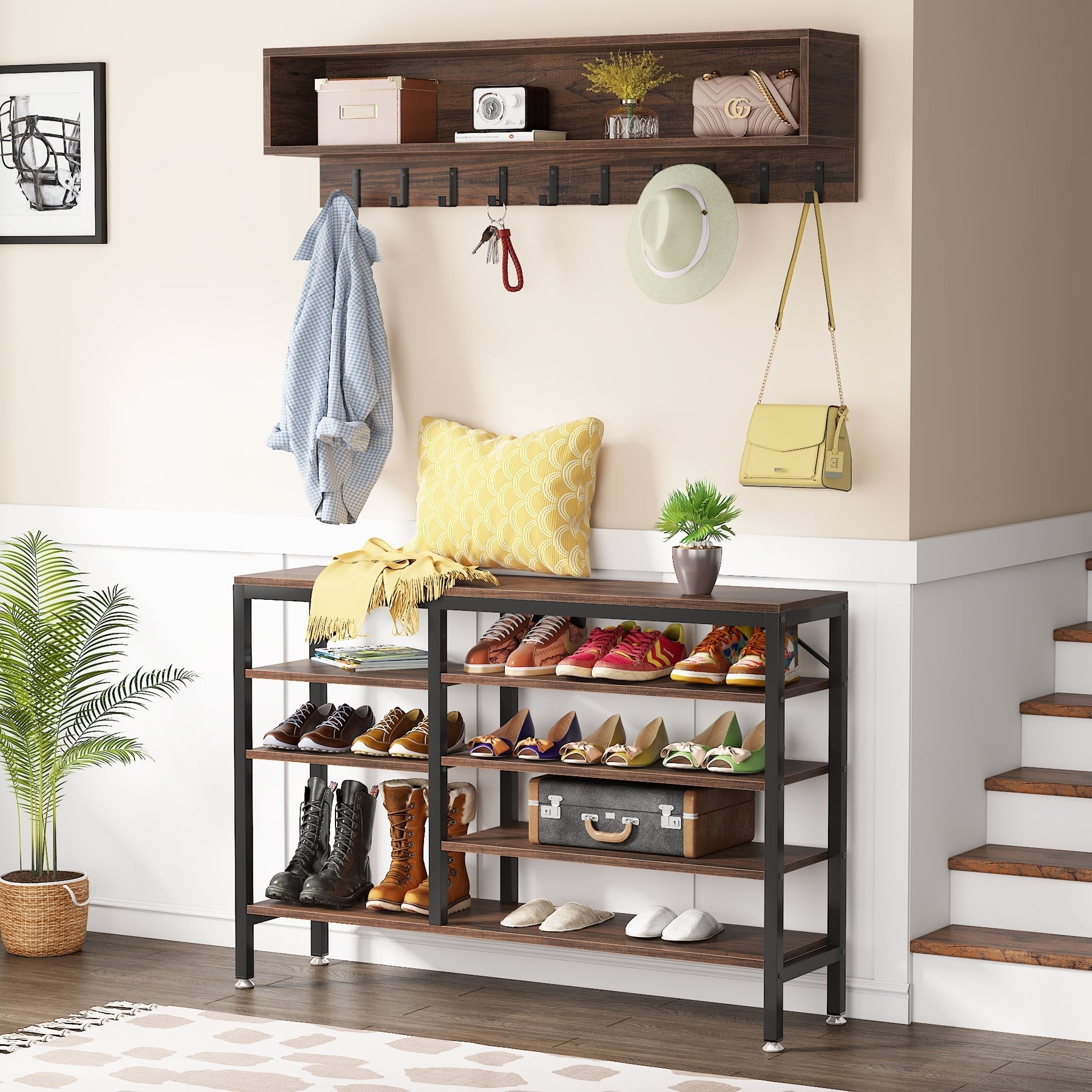 Ensemble de porte-manteaux et de bancs à chaussures pour entrée, porte-manteaux et porte-chaussures de style industriel