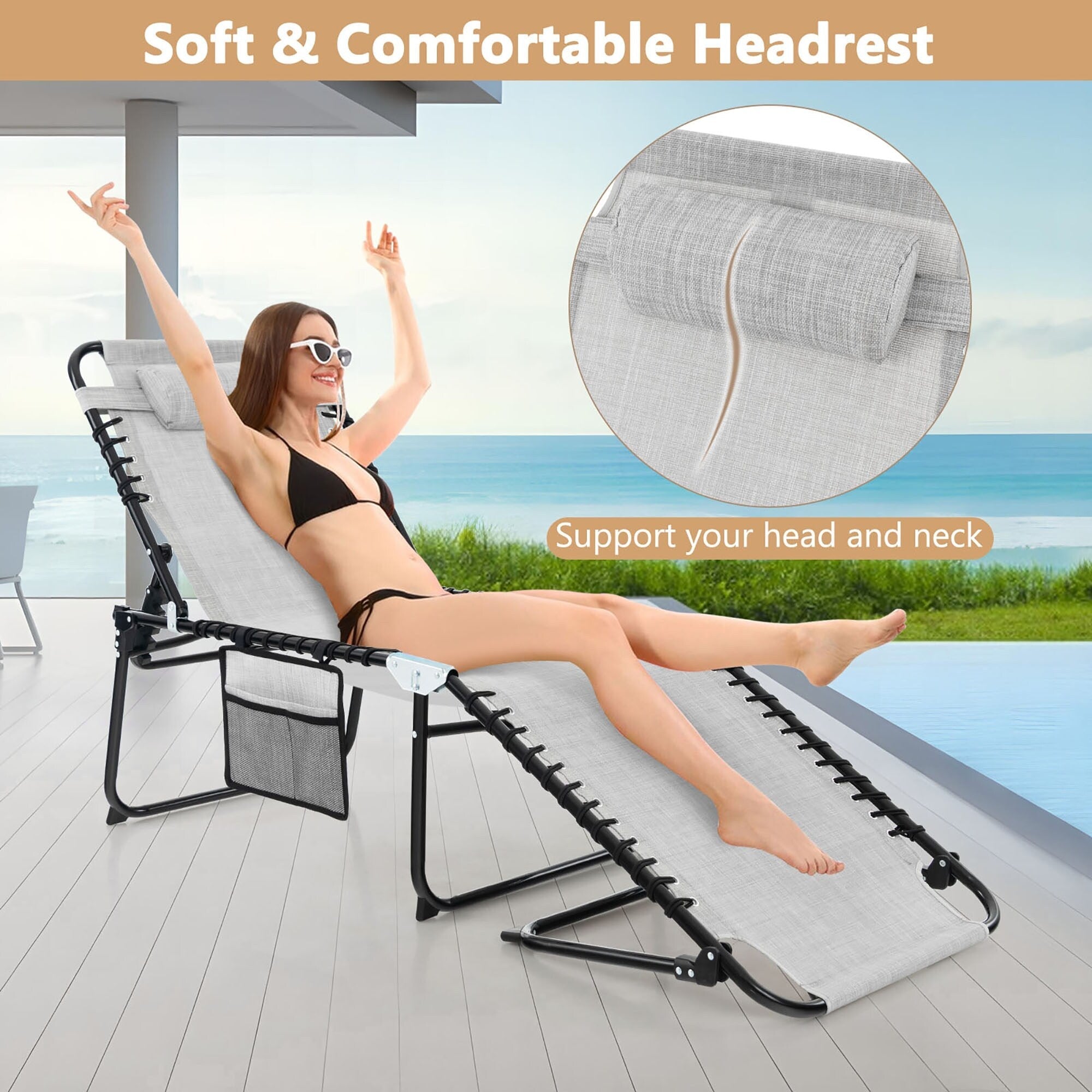 Chaise longue de plage pliante Gymax avec oreiller, 4 niveaux