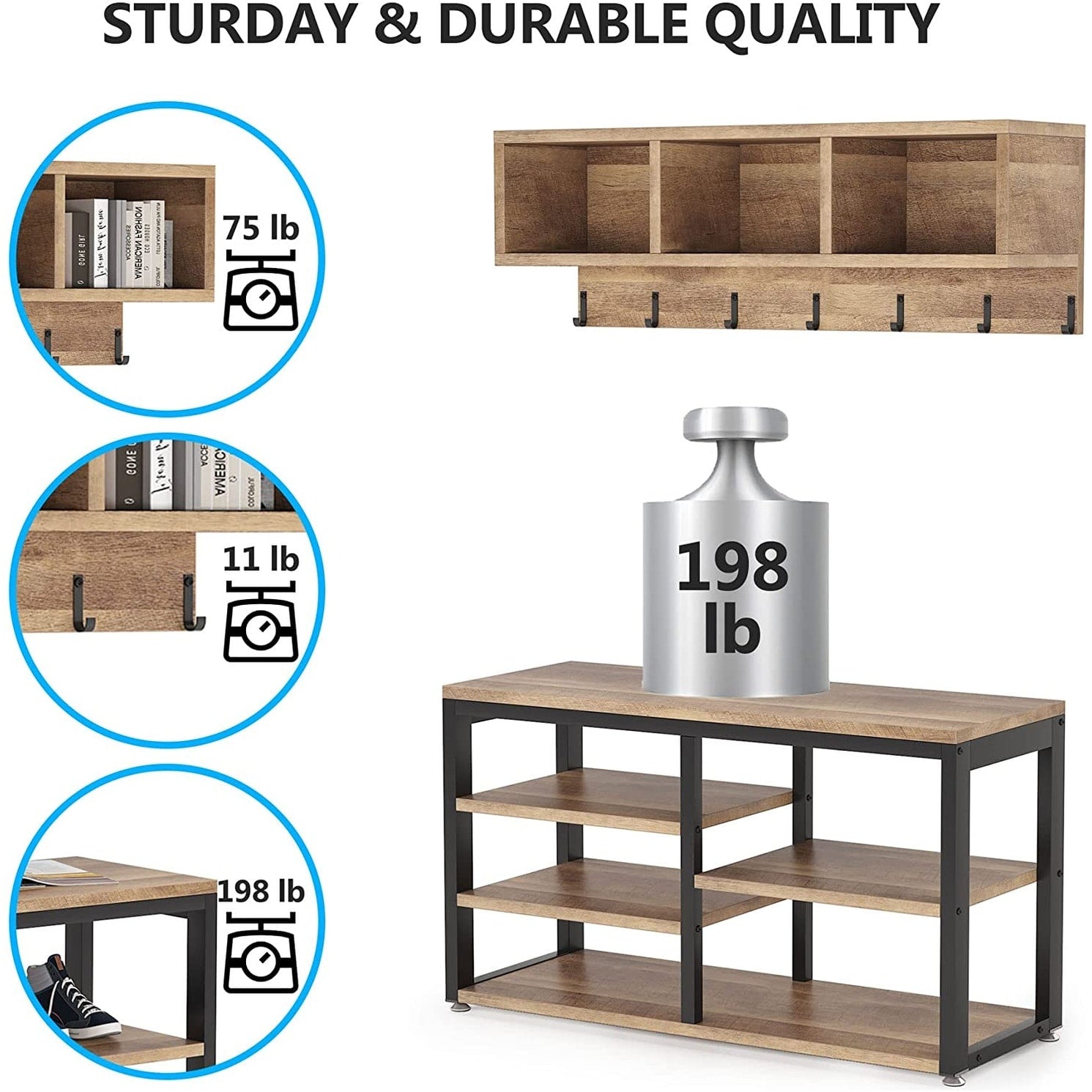 Ensemble de porte-manteaux et de bancs à chaussures pour entrée, porte-manteaux et porte-chaussures de style industriel