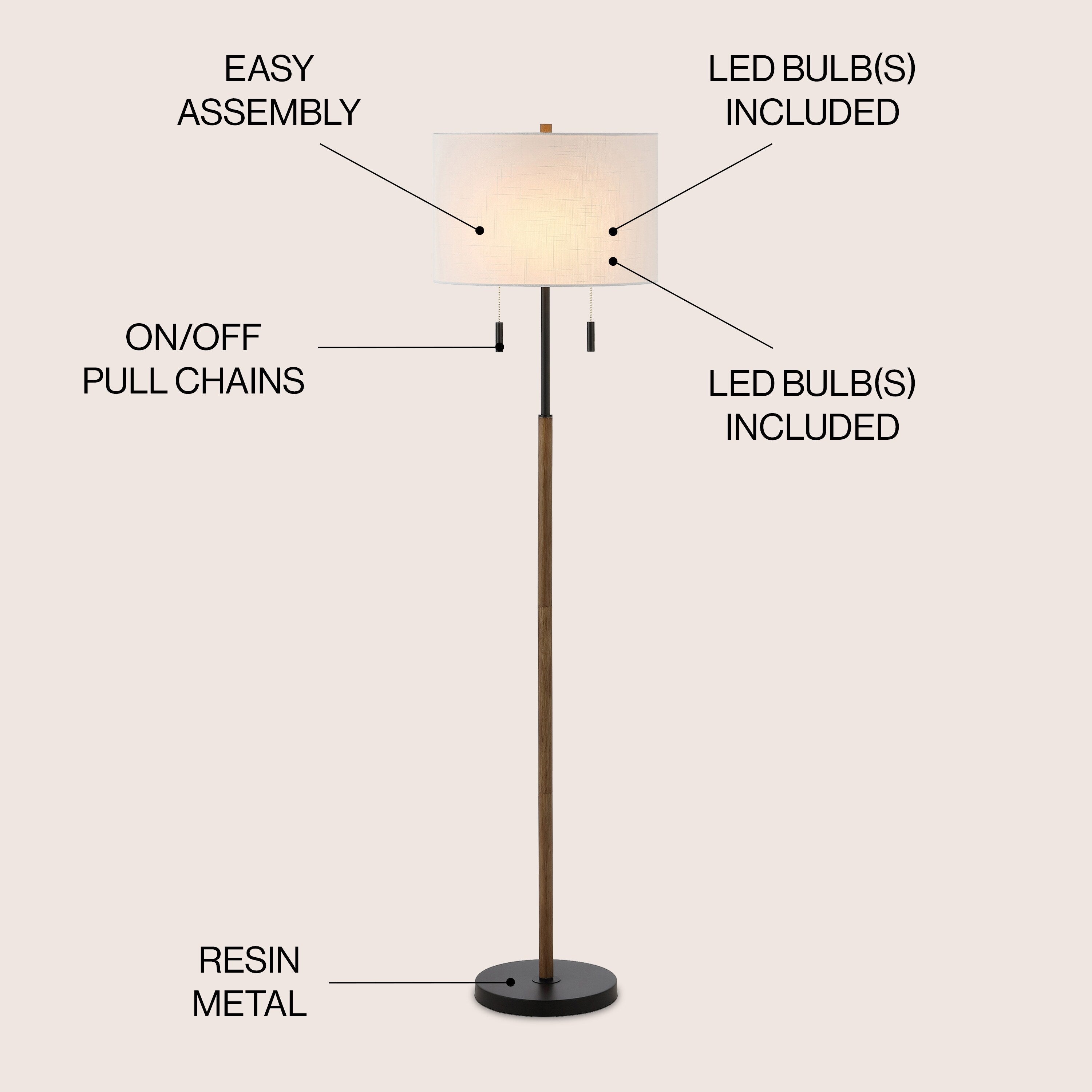 Lampe de sol à LED Koda 61, style rustique, style ferme, avec chandelier en fer et chaînes de traction, finition bois marron/noir, par JONATHAN Y