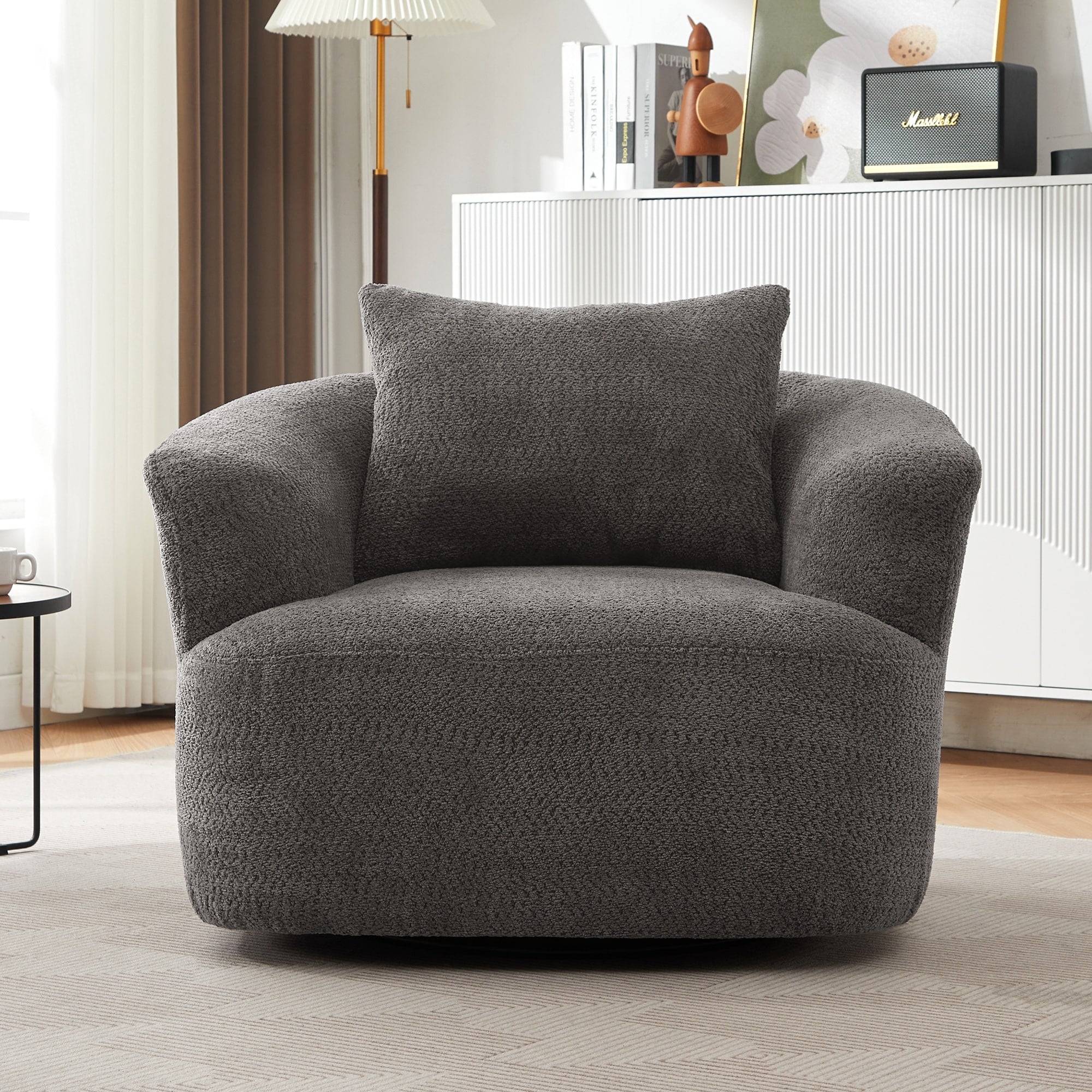 Fauteuil pivotant à 360°, fauteuil d'appoint en boucle de 38,2" avec coussin décoratif, fauteuil rembourré en forme de tonneau avec accoudoirs incurvés