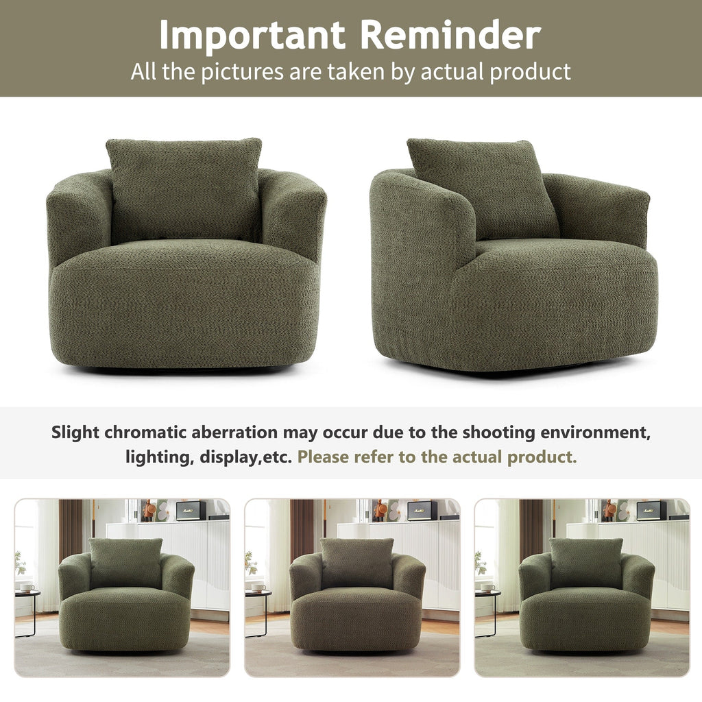 Fauteuil pivotant à 360°, fauteuil d'appoint en boucle de 38,2" avec coussin décoratif, fauteuil rembourré en forme de tonneau avec accoudoirs incurvés