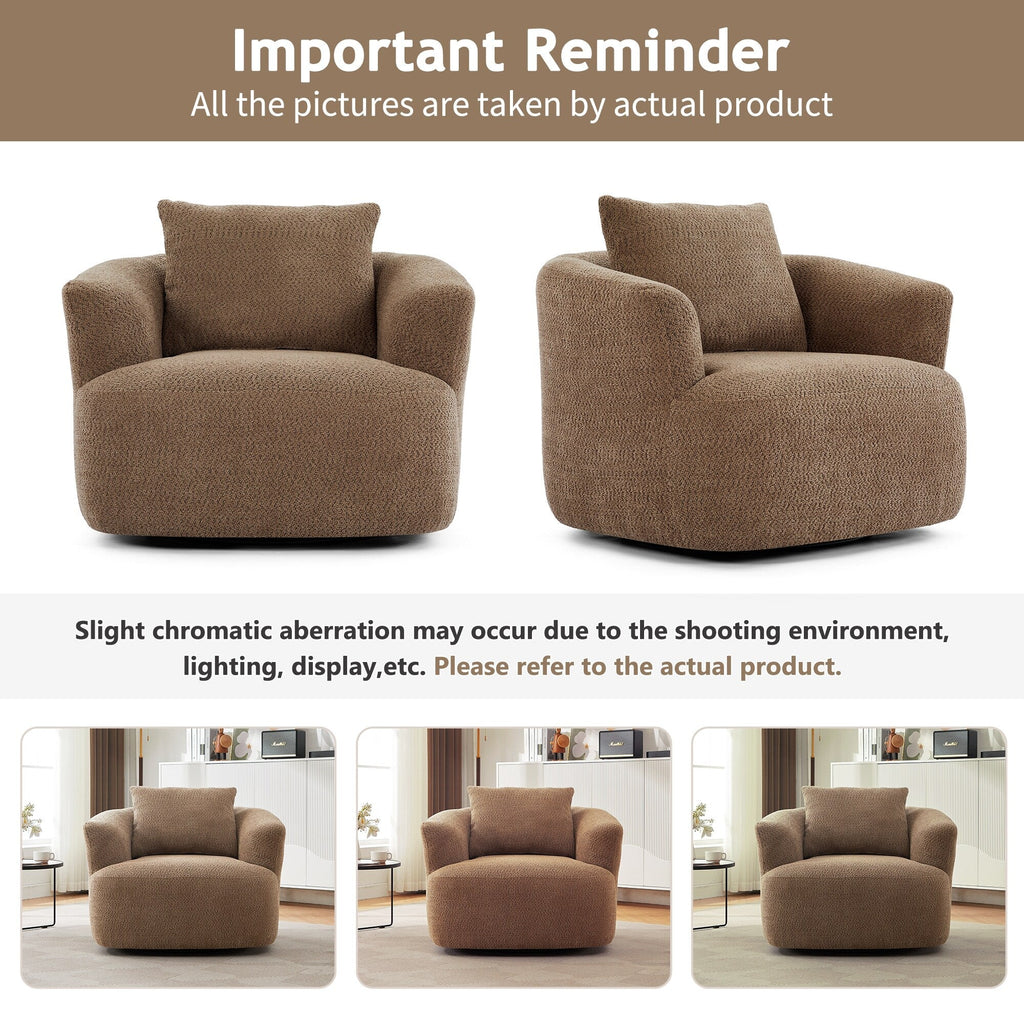 Fauteuil pivotant à 360°, fauteuil d'appoint en boucle de 38,2" avec coussin décoratif, fauteuil rembourré en forme de tonneau avec accoudoirs incurvés