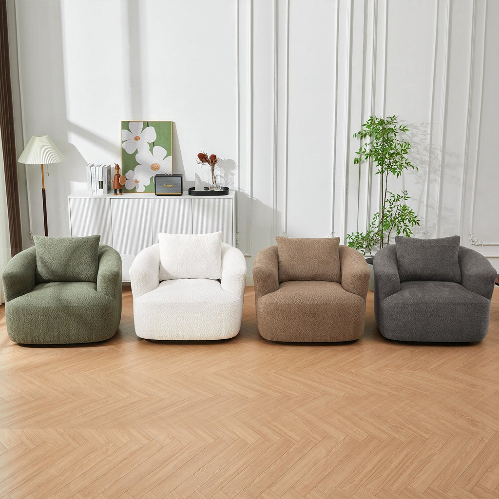 Fauteuil pivotant à 360°, fauteuil d'appoint en boucle de 38,2" avec coussin décoratif, fauteuil rembourré en forme de tonneau avec accoudoirs incurvés
