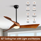 Ventilateurs de plafond à 3 pales en bois de 52 pouces avec éclairage LED à intensité variable et télécommande, moteur CC réversible à 6 vitesses