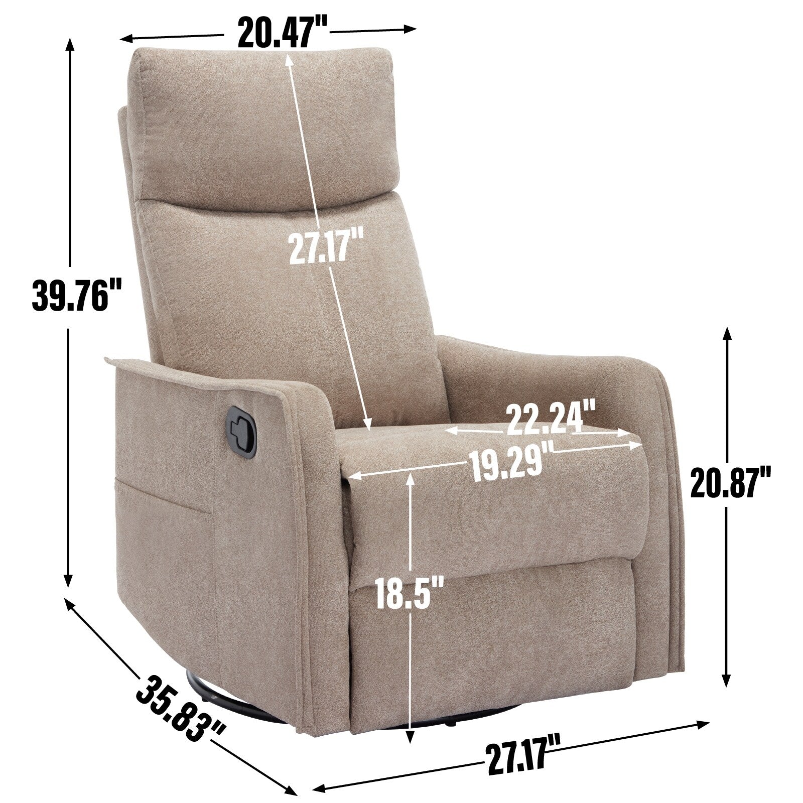 Fauteuil inclinable manuel à 8 points de massage, fauteuil à bascule pivotant en tissu, fauteuil simple avec bascule et chauffage lombaire