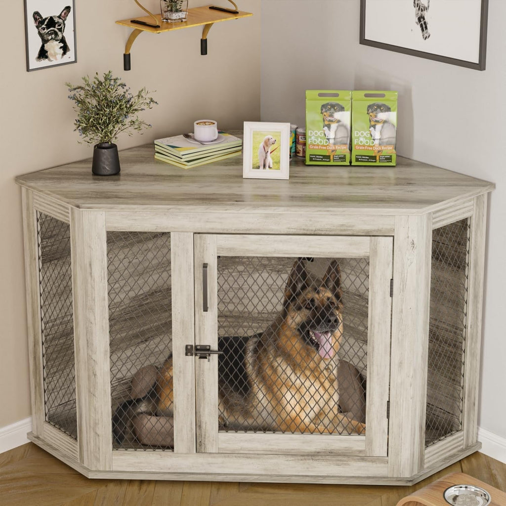 Niche d'angle pour chien Bossin, niche en bois de 44/52 pouces avec filet, niche décorative en bois pour chien, idéale pour l'intérieur