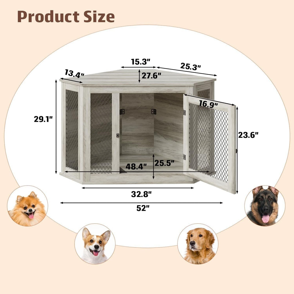 Niche d'angle pour chien Bossin, niche en bois de 44/52 pouces avec filet, niche décorative en bois pour chien, idéale pour l'intérieur