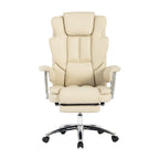 Fauteuil de bureau inclinable ergonomique pivotant à 360° en cuir reconstitué beige avec dossier haut et support lombaire, repose-pieds et hauteur réglable