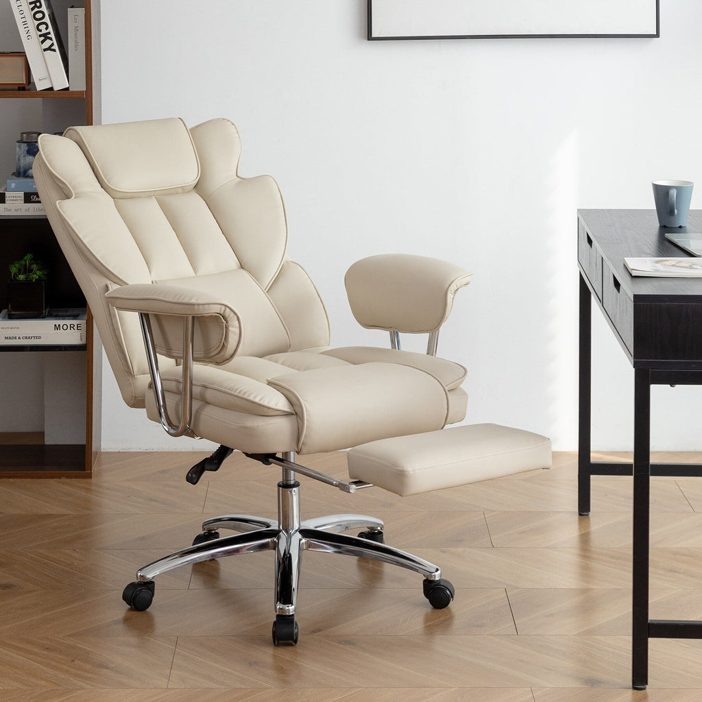 Fauteuil de bureau inclinable ergonomique pivotant à 360° en cuir reconstitué beige avec dossier haut et support lombaire, repose-pieds et hauteur réglable