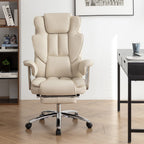 Fauteuil de bureau inclinable ergonomique pivotant à 360° en cuir reconstitué beige avec dossier haut et support lombaire, repose-pieds et hauteur réglable