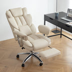 Fauteuil de bureau inclinable ergonomique pivotant à 360° en cuir reconstitué beige avec dossier haut et support lombaire, repose-pieds et hauteur réglable