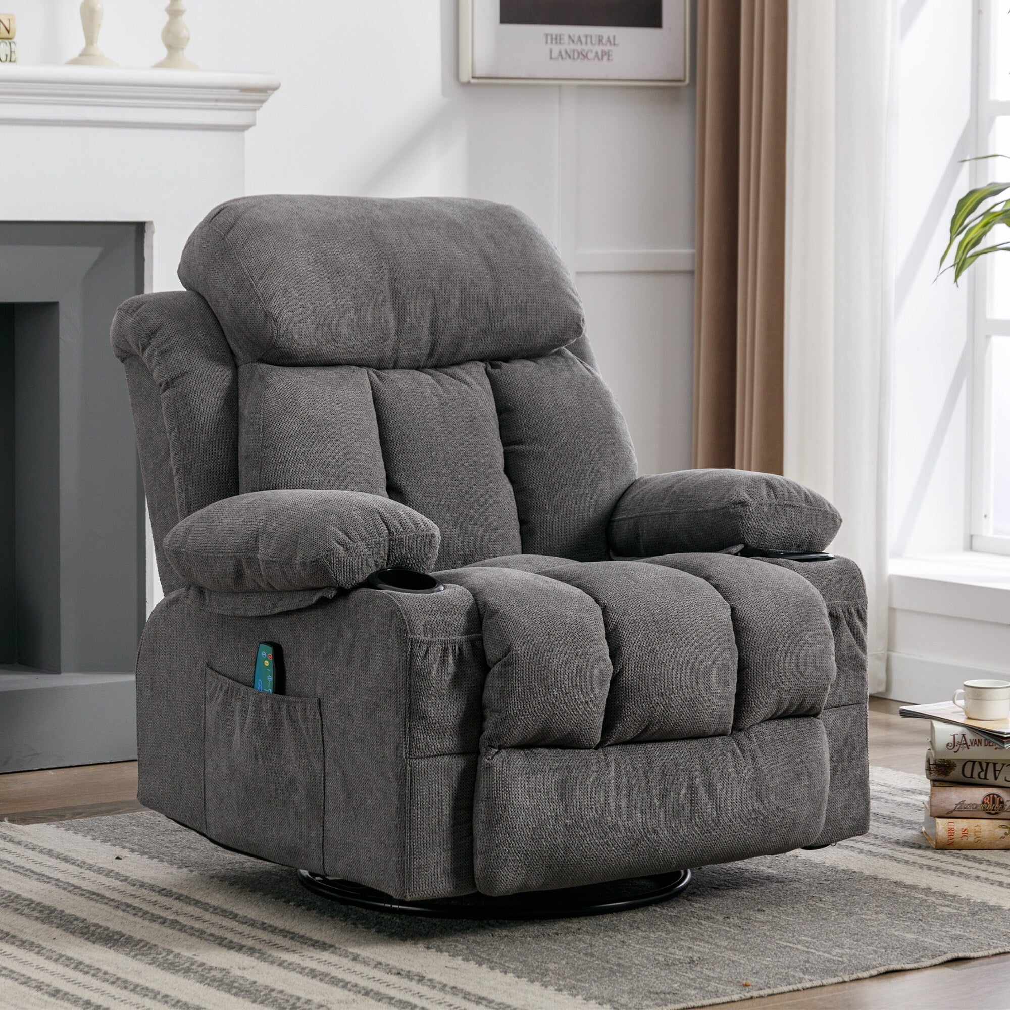 Fauteuil inclinable pivotant beige avec massage, chauffage et chargement USB