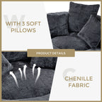 Pouf simple surdimensionné en chenille noir de 42,52 pouces avec trois oreillers pour chambre à coucher