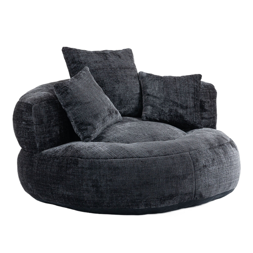 Pouf simple surdimensionné en chenille noir de 42,52 pouces avec trois oreillers pour chambre à coucher