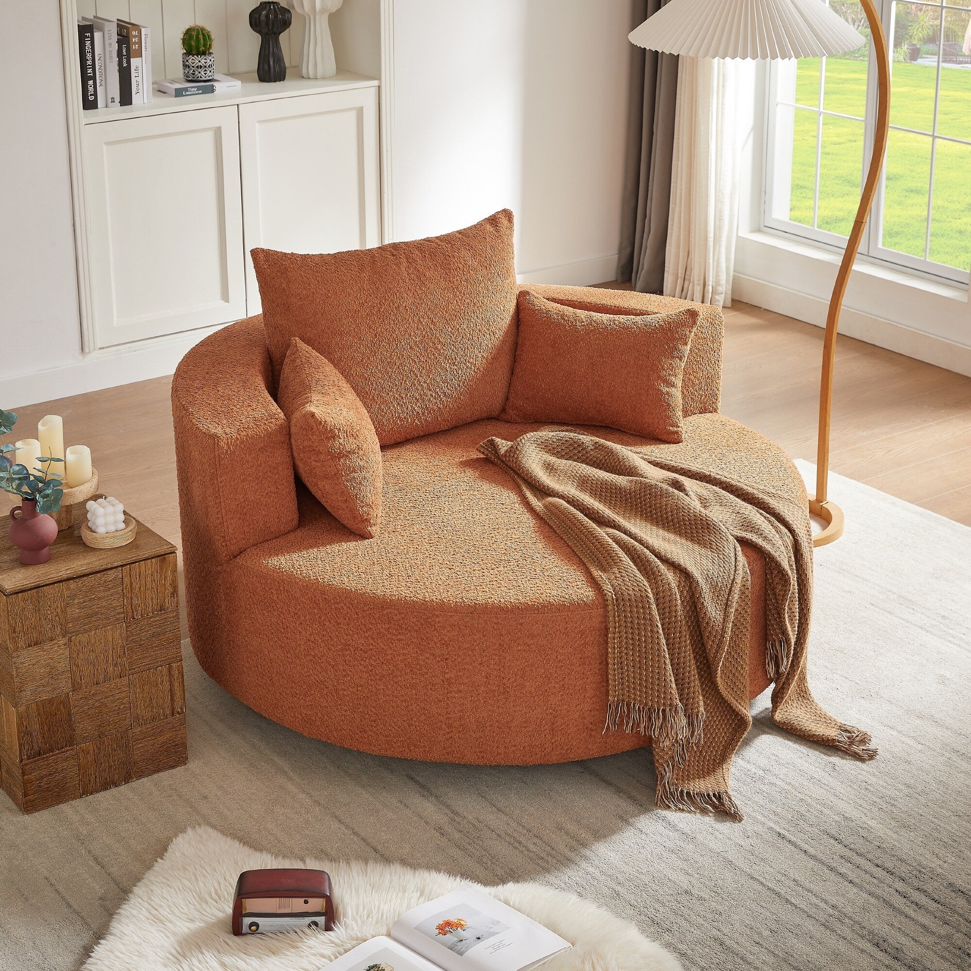 Fauteuil d'appoint en chenille, fauteuil rond avec base pivotante à 360 degrés et 3 coussins amovibles