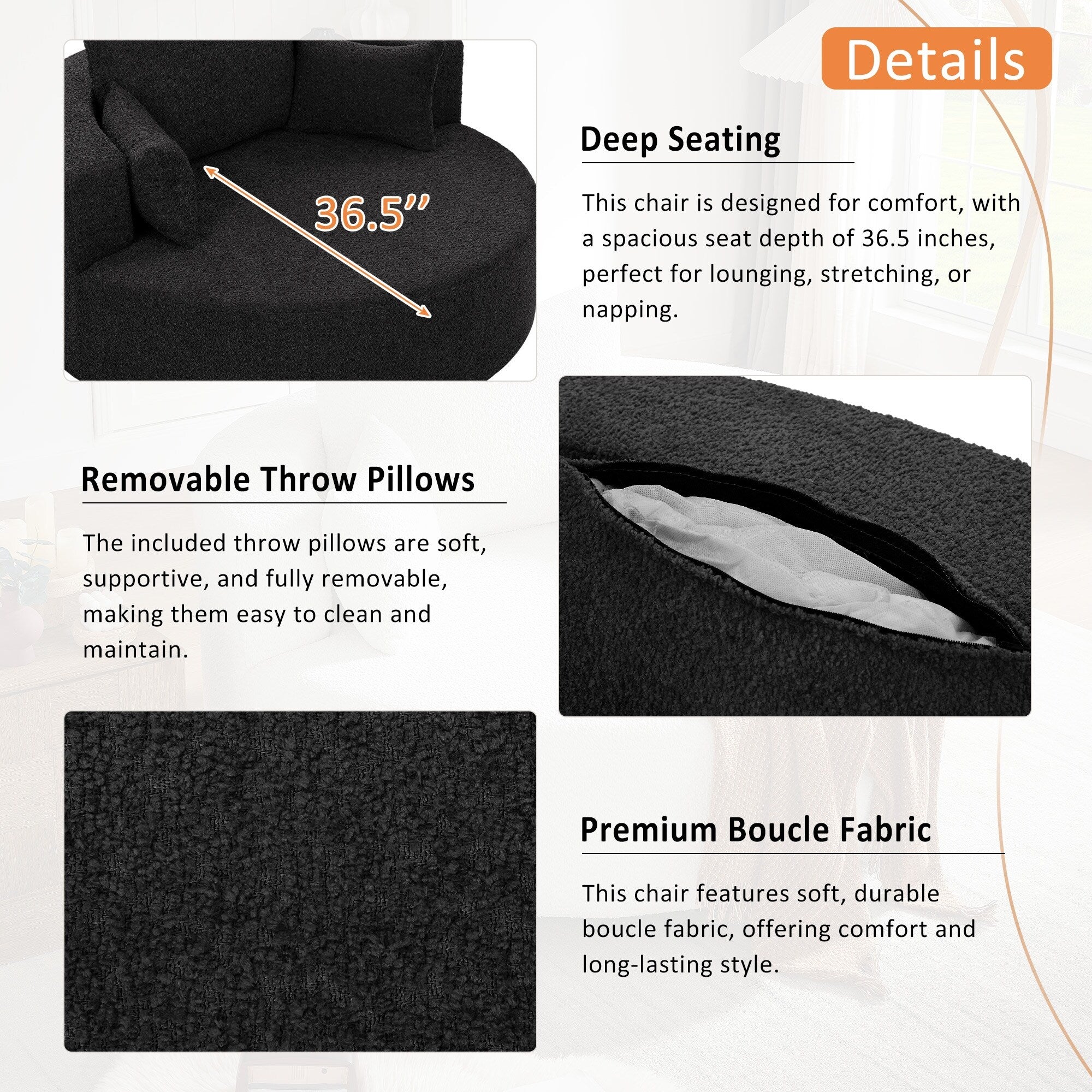 Fauteuil d'appoint en chenille, fauteuil rond avec base pivotante à 360 degrés et 3 coussins amovibles