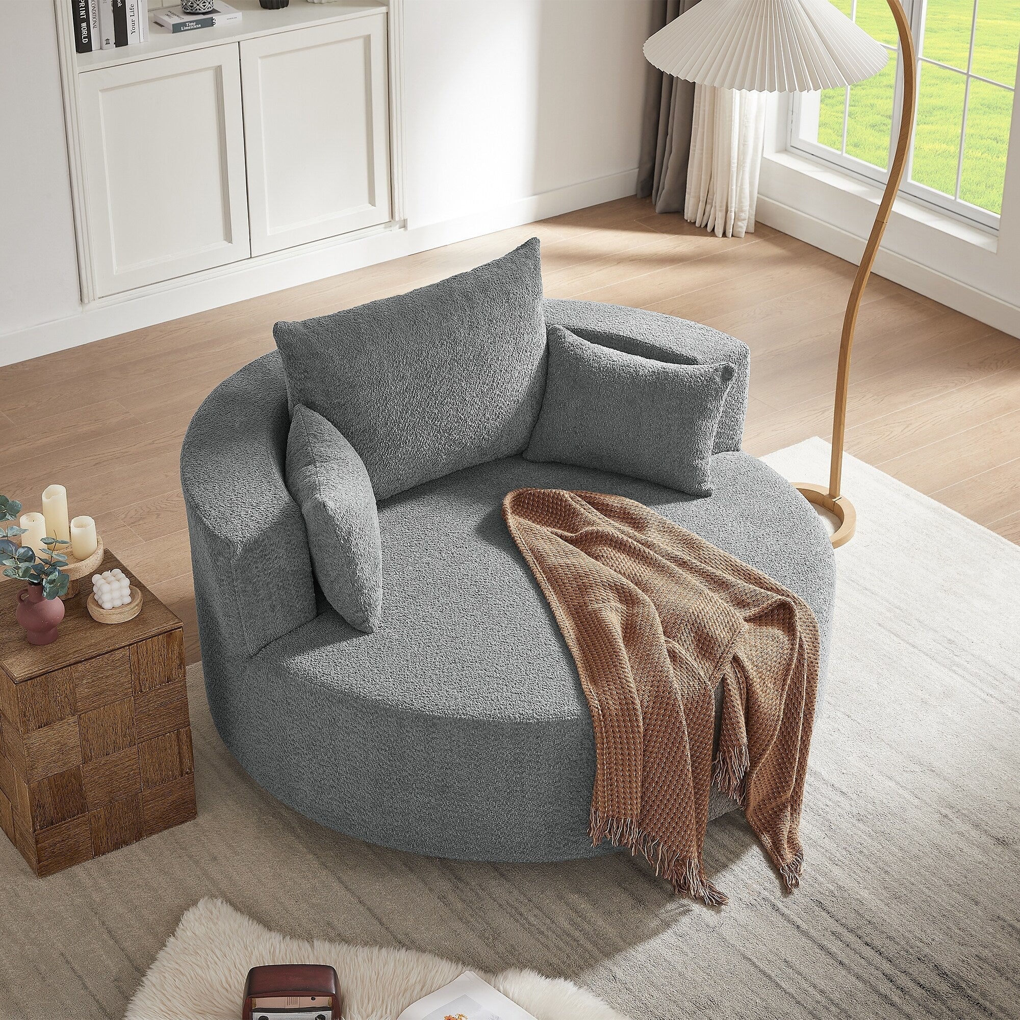 Fauteuil d'appoint en chenille, fauteuil rond avec base pivotante à 360 degrés et 3 coussins amovibles