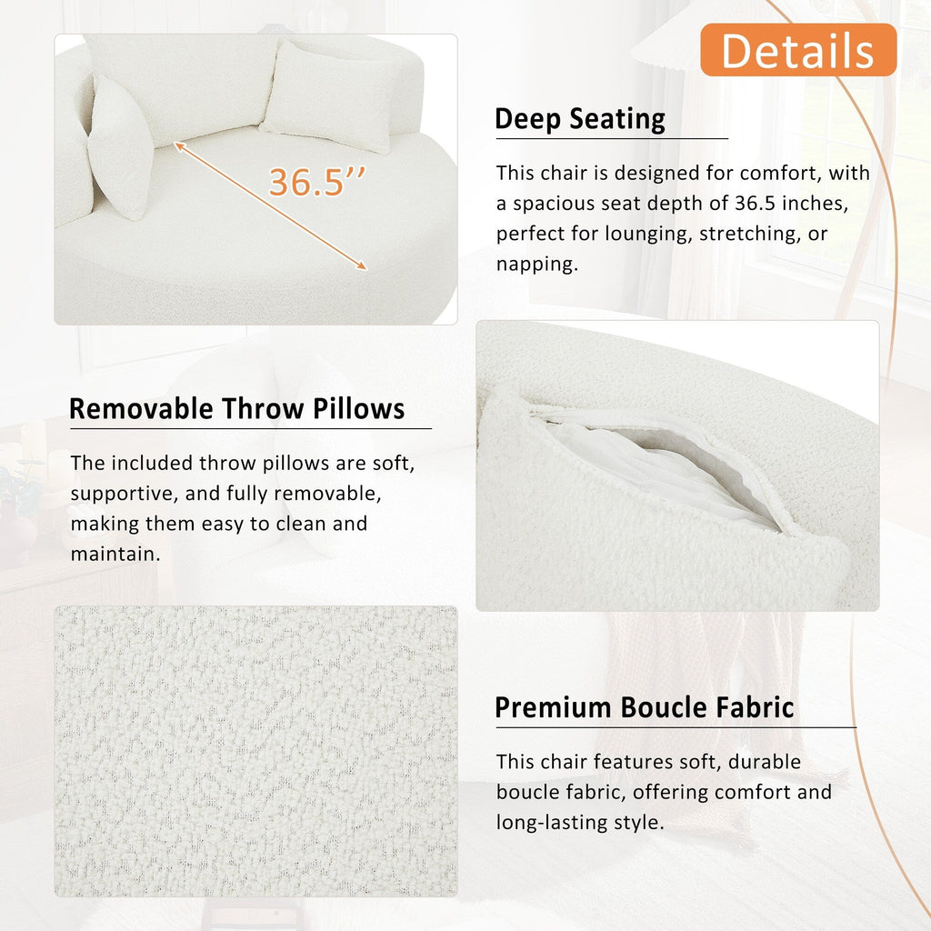 Fauteuil d'appoint en chenille, fauteuil rond avec base pivotante à 360 degrés et 3 coussins amovibles