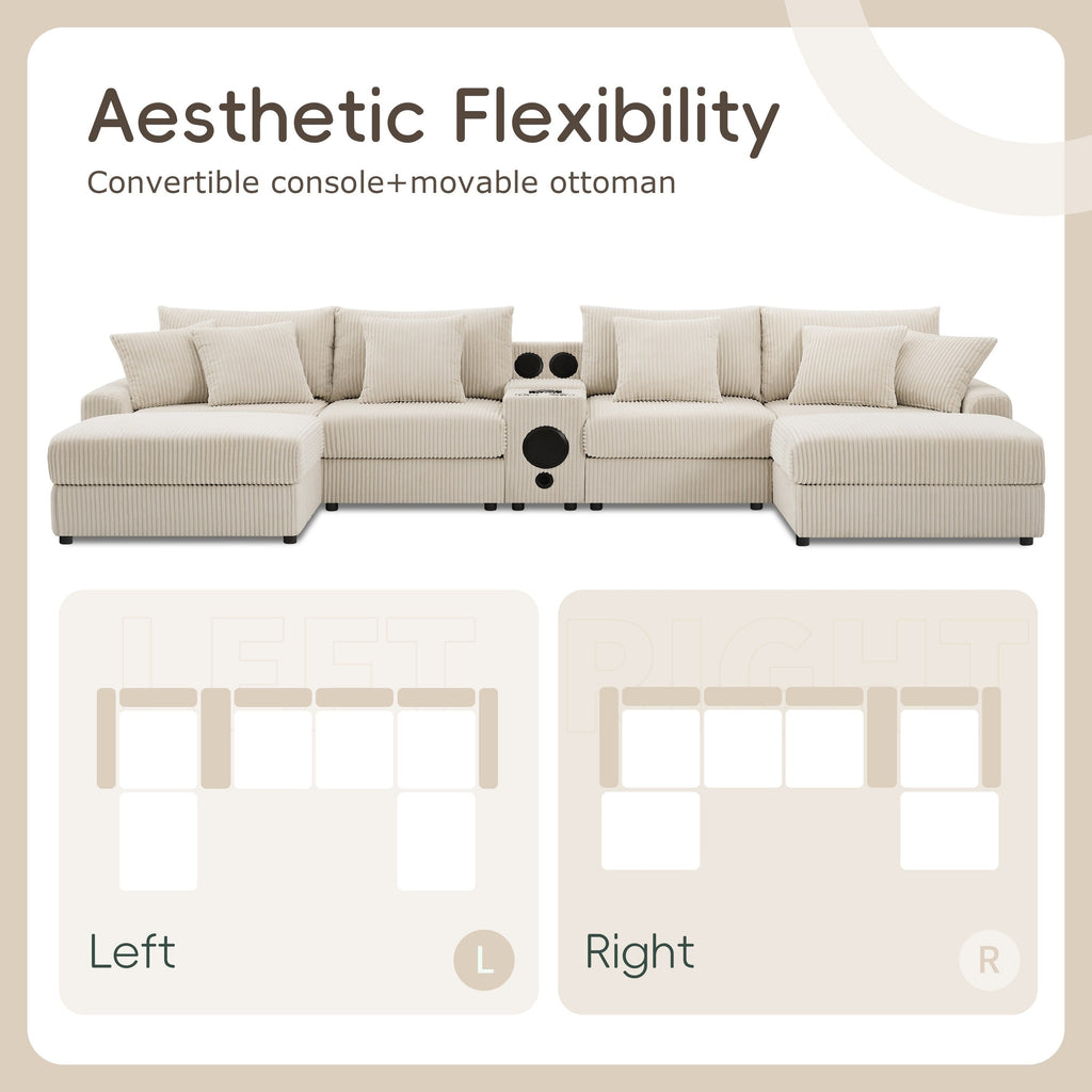 Canapé sectionnel en velours côtelé avec haut-parleurs Bluetooth, chargeur USB, porte-gobelets, rangement, pouf, assise profonde et large