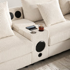 Canapé sectionnel en velours côtelé avec haut-parleurs Bluetooth, chargeur USB, porte-gobelets, rangement, pouf, assise profonde et large