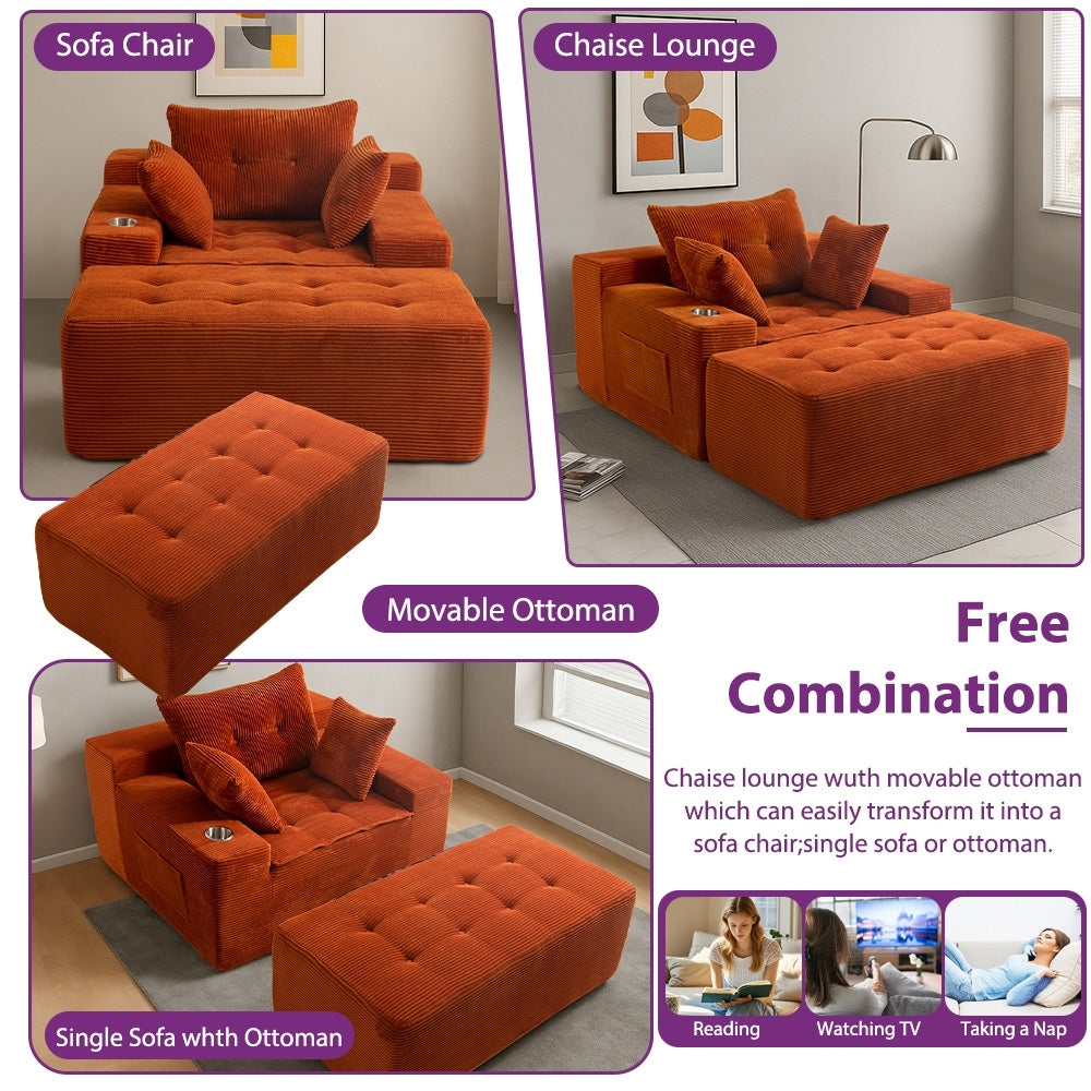 Canapé pouf rembourré en velours côtelé et mousse à mémoire de forme avec pouf - 48,4 L x 67,7 l x 24,4 H