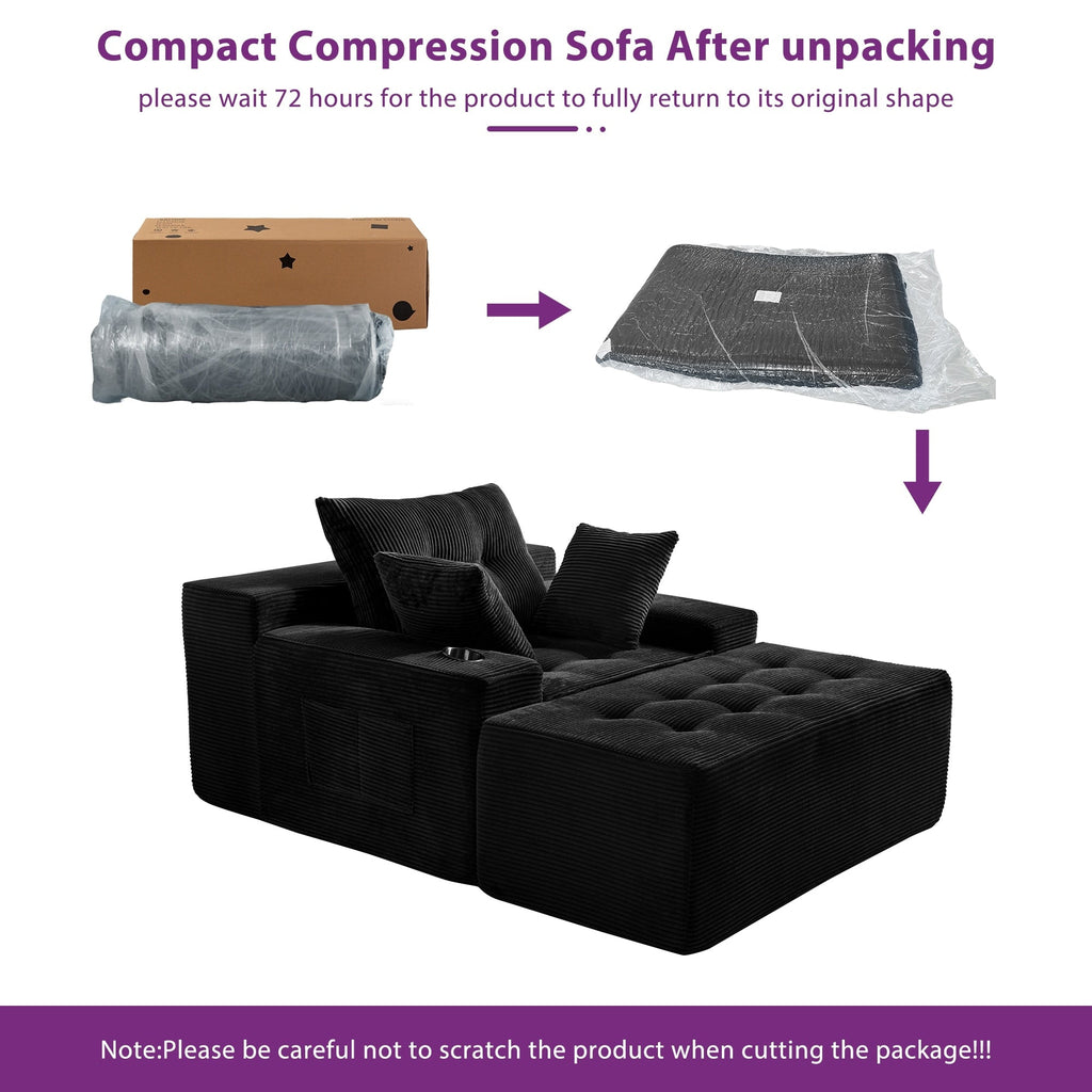 Canapé pouf rembourré en velours côtelé et mousse à mémoire de forme avec pouf - 48,4 L x 67,7 l x 24,4 H