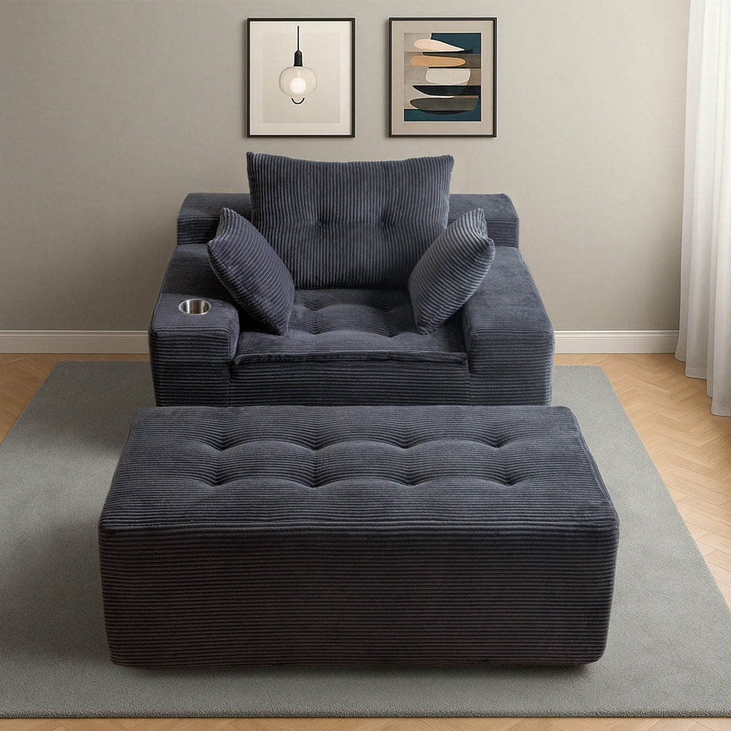 Canapé pouf rembourré en velours côtelé et mousse à mémoire de forme avec pouf - 48,4 L x 67,7 l x 24,4 H