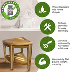 EcoDecors, Banc de douche élégant en teck, Tabouret de douche en teck, Tabouret de douche d'angle, Banc de douche d'angle en teck, Avec étagère
