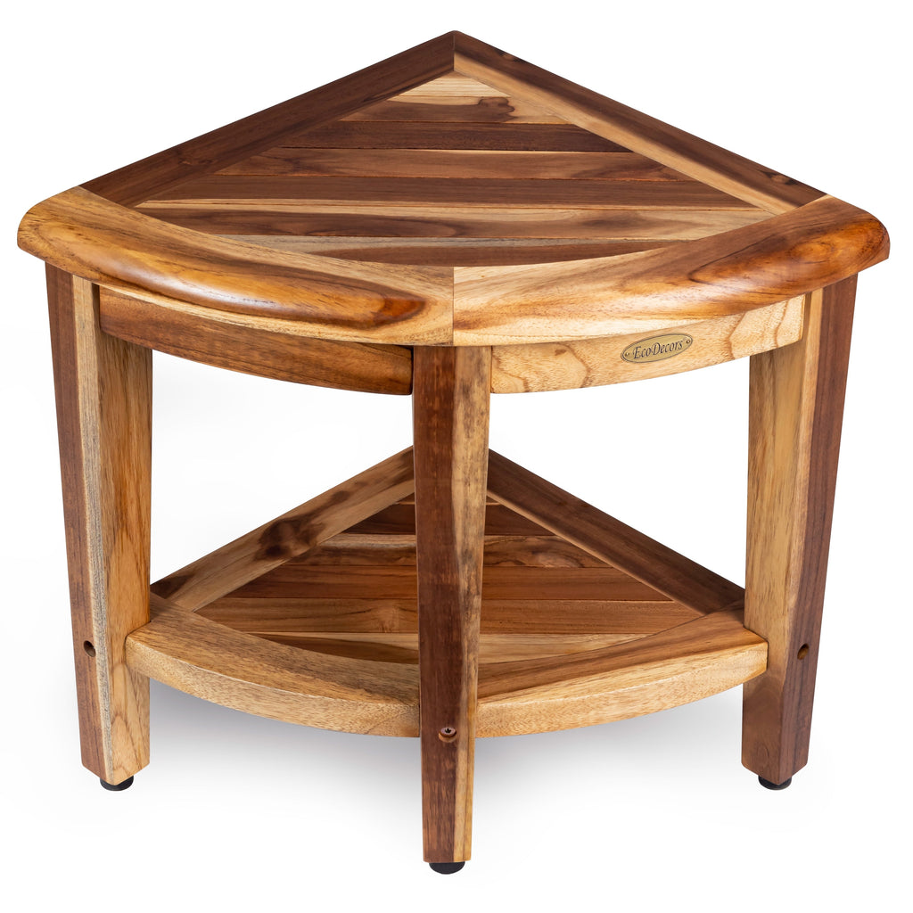 EcoDecors, Banc de douche élégant en teck, Tabouret de douche en teck, Tabouret de douche d'angle, Banc de douche d'angle en teck, Avec étagère