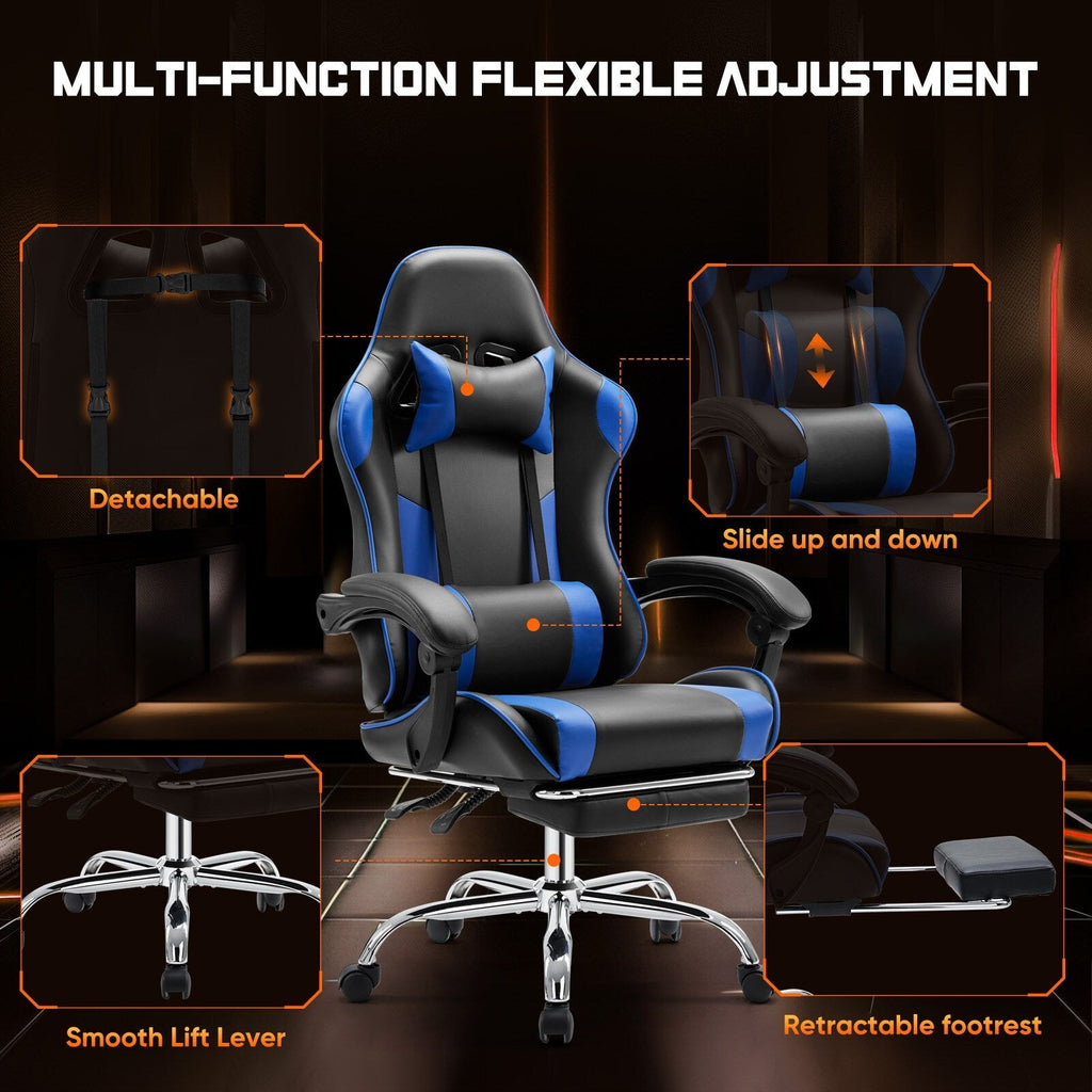 Fauteuil de jeu ergonomique pivotant à 360° en cuir PU avec repose-pieds, appui-tête, support lombaire et hauteur réglable