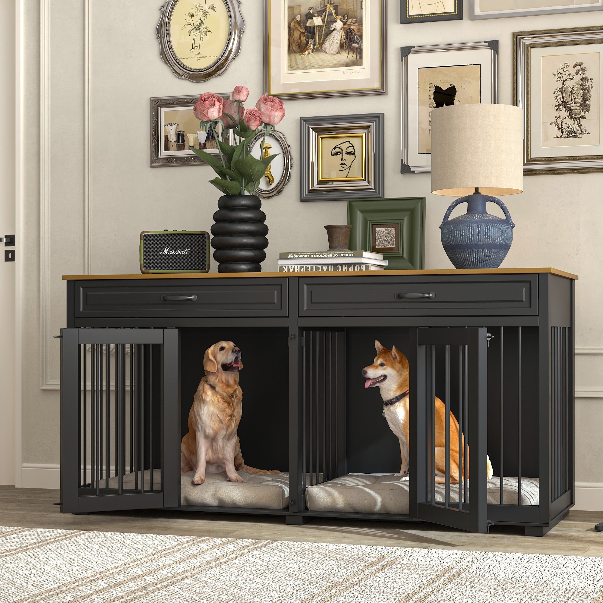 Cage pour chien de style meuble, niche en bois de 64,5 pouces pour grand chien
