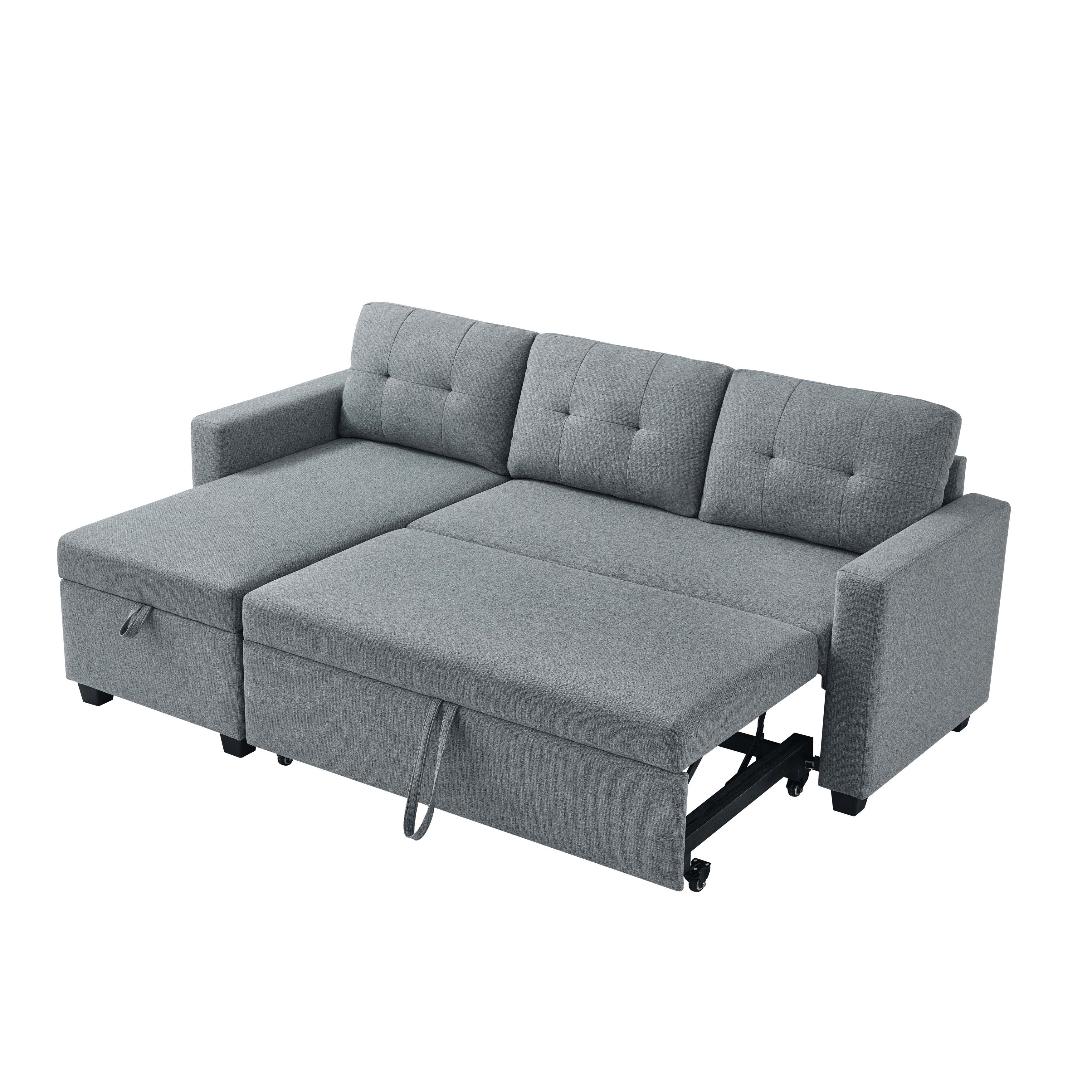 Canapé-lit convertible en lin gris de 81,5 po avec méridienne de rangement réversible