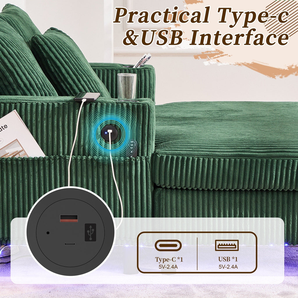 Canapé-lit inclinable surdimensionné HOMEFUN en velours côtelé avec éclairage LED RVB, porte-gobelet, port USB et 3 oreillers