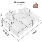 Canapé-lit Harmonia 109 W surdimensionné en velours côtelé, siège profond, double méridienne avec 4 oreillers