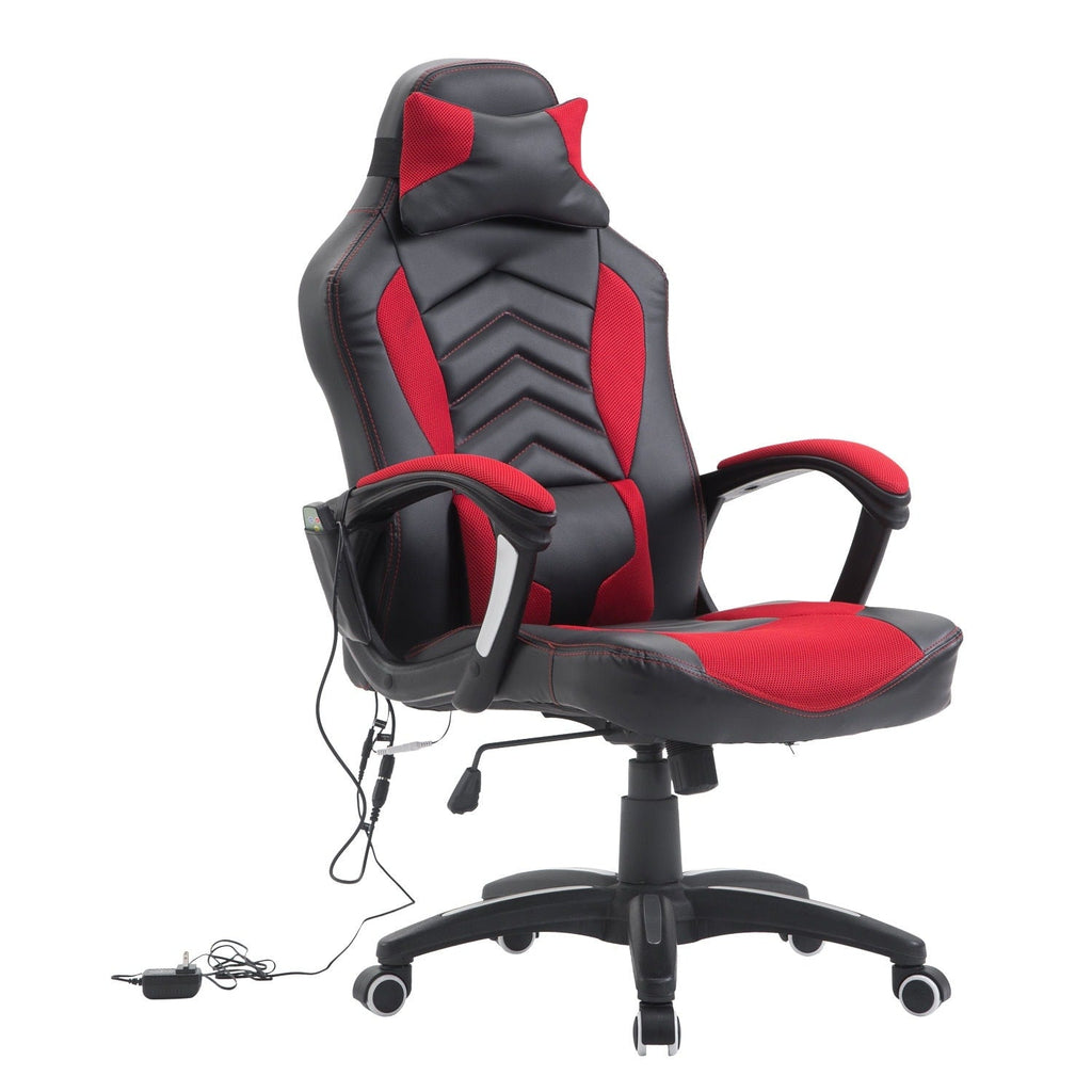 Fauteuil de jeu pour ordinateur, massage par 6 points vibrants, 5 modes, style course, chauffant, pivotant, roulant, avec appui-tête